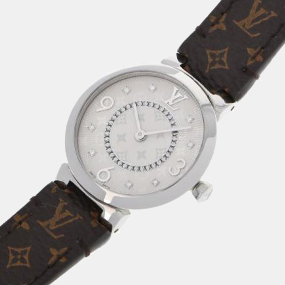 

Louis Vuitton Silver Diamonds Stainless Steel Tambour Q12MG Quartz Women's Wristwatch 28 mm