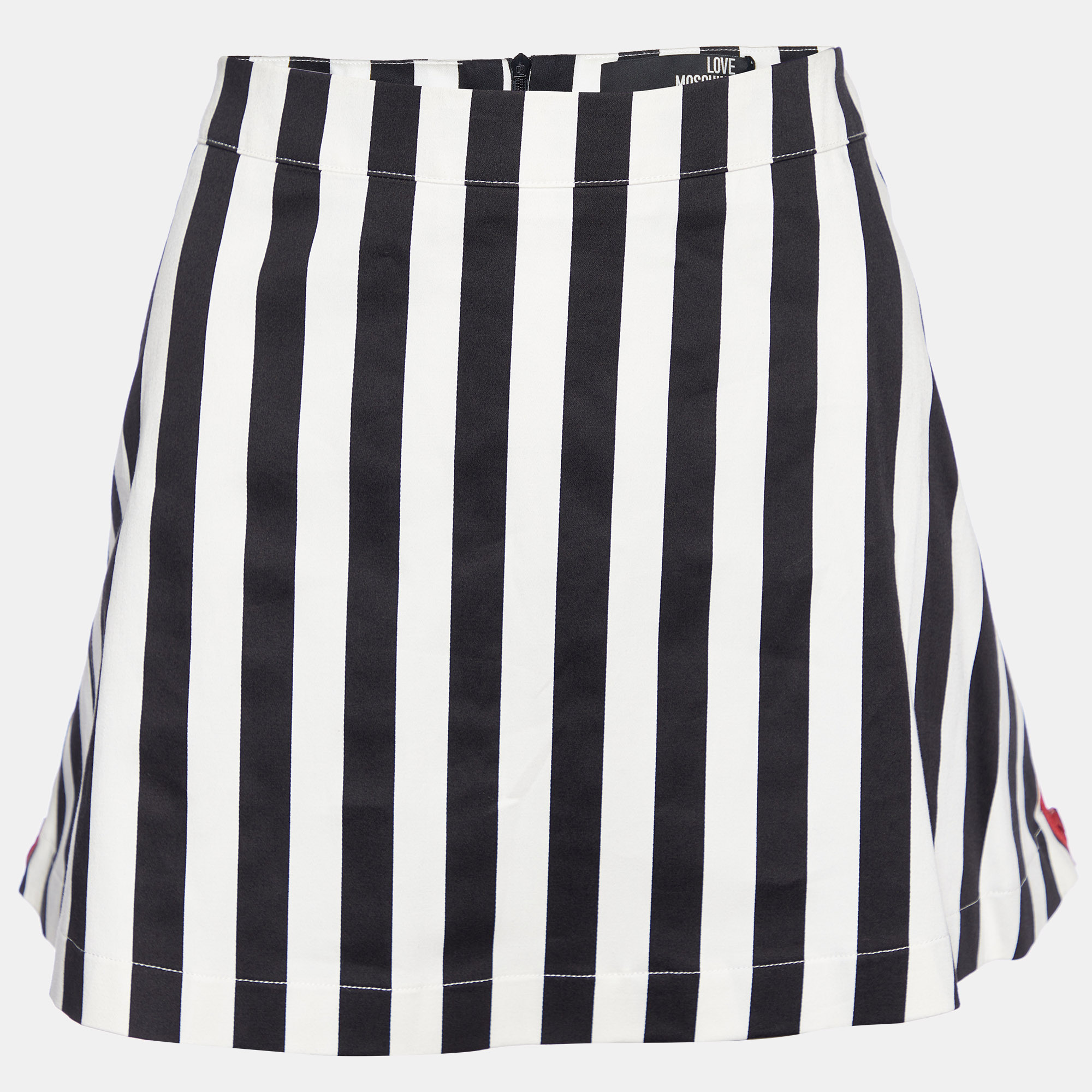 Pre-owned Love Moschino Black & White Striped Cotton Contrast Zip Detail Mini Skirt M