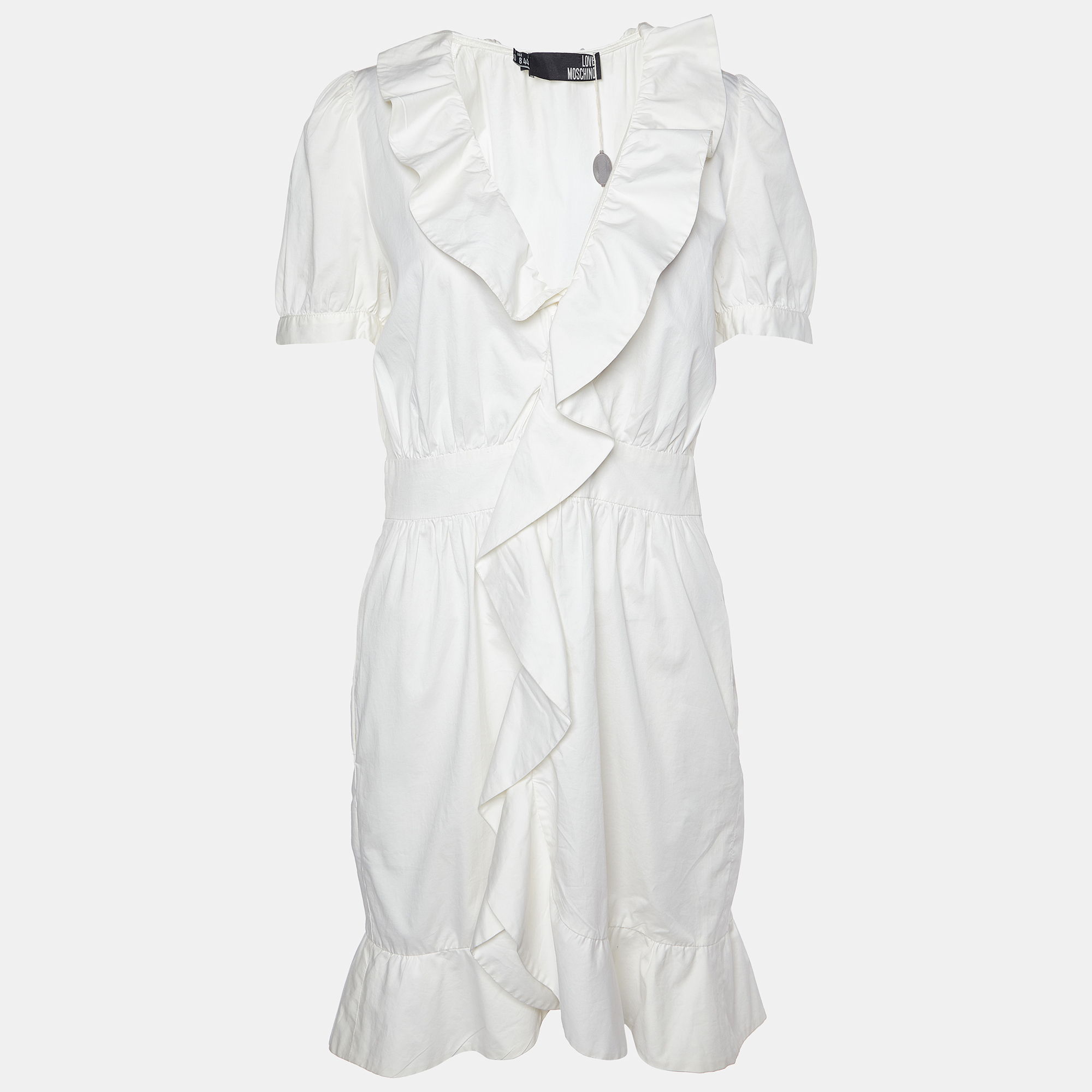 Pre-owned Love Moschino White Cotton Ruffle Detail Knee Length Dress M