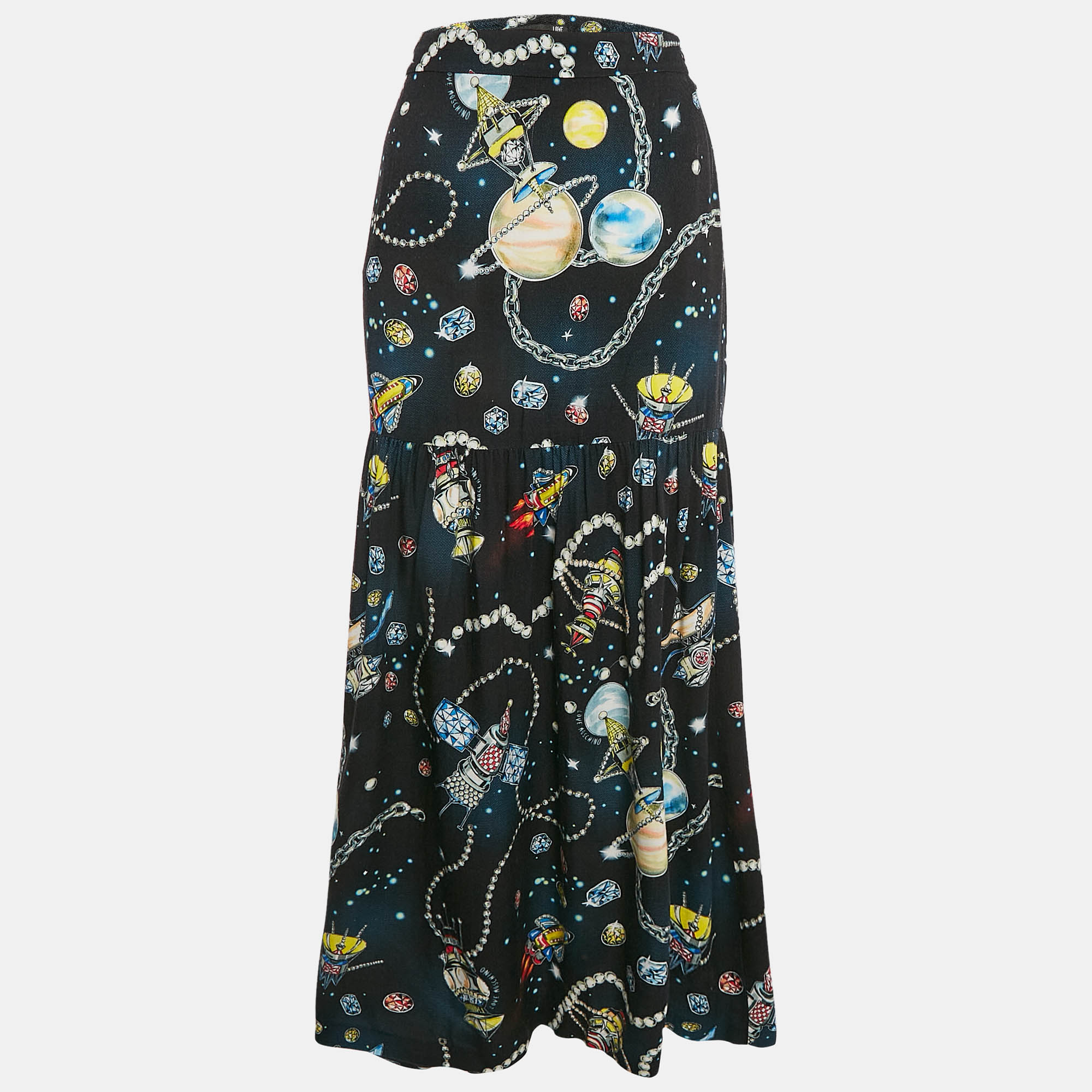 

Moschino Black Jewels Print Crepe Maxi Skirt M