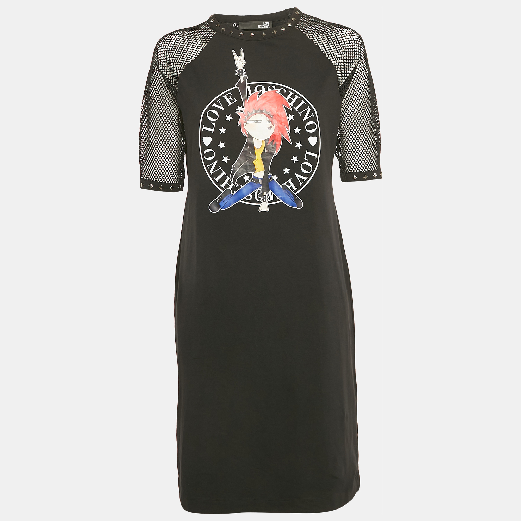 

Love Moschino Black Printed Mesh and Jersey T-Shirt Dress M