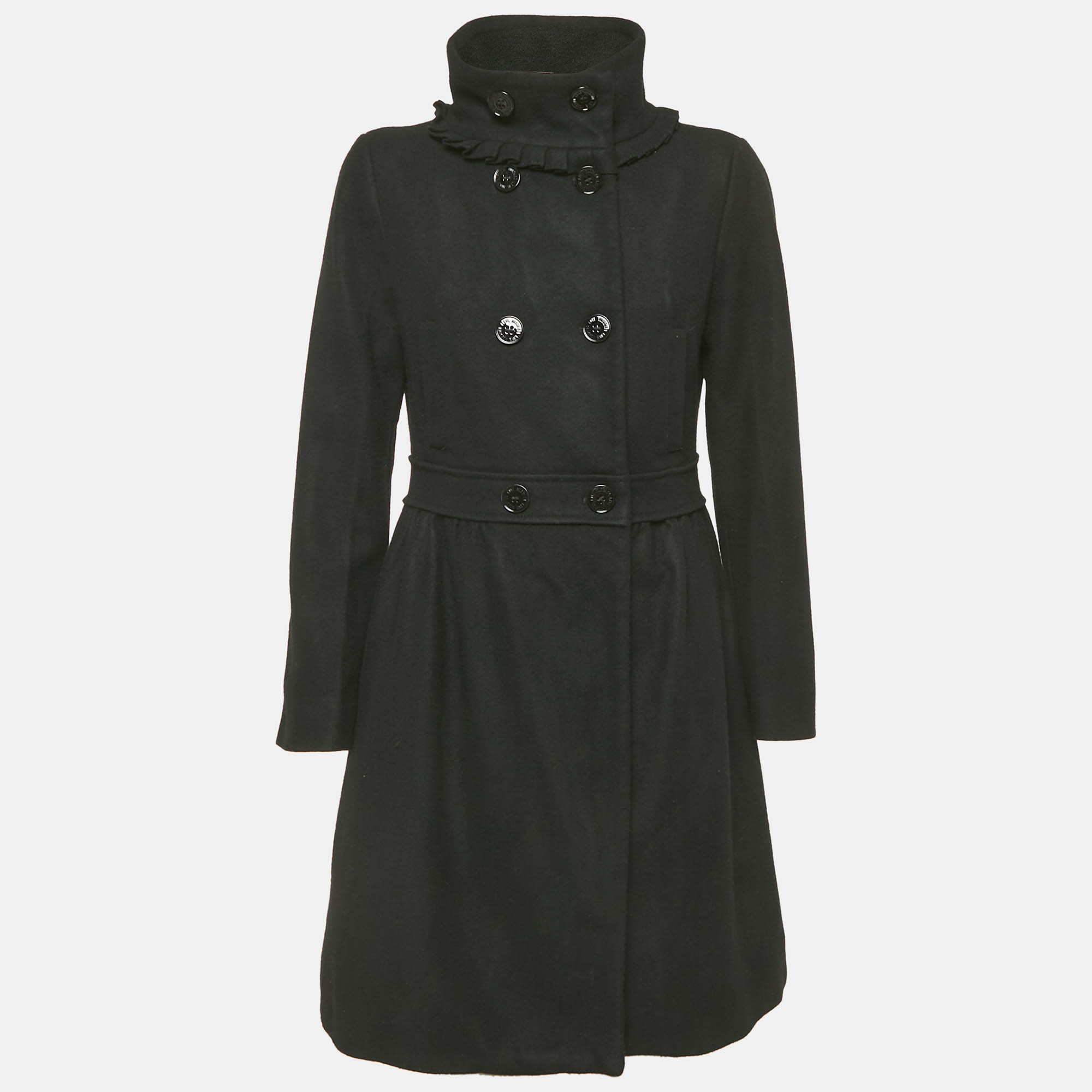 

Love Moschino Black Wool Ruffle Detail Double Breasted Coat M