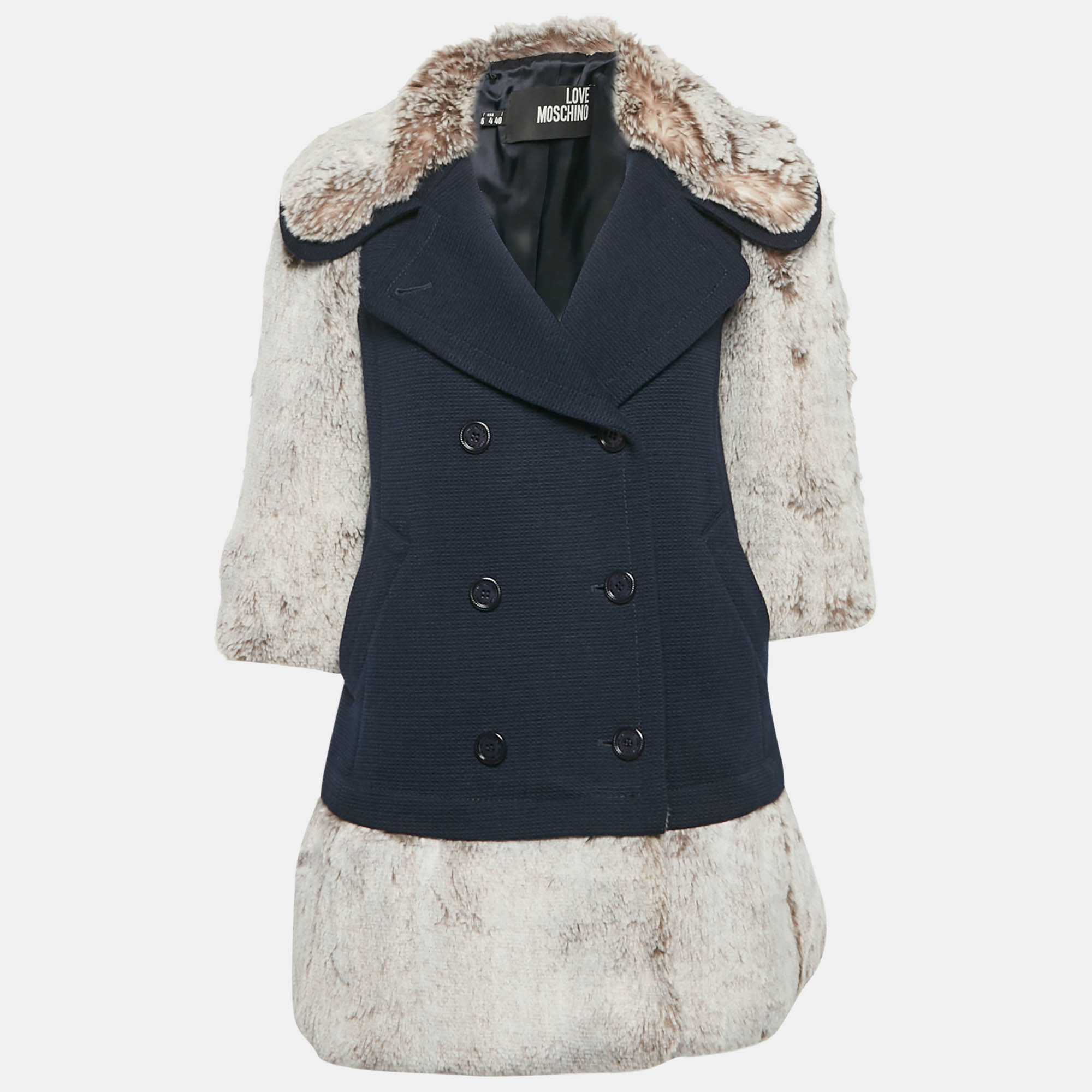 

Love Moschino Navy Blue Wool Faux Fur Detail Double Breasted Coat S