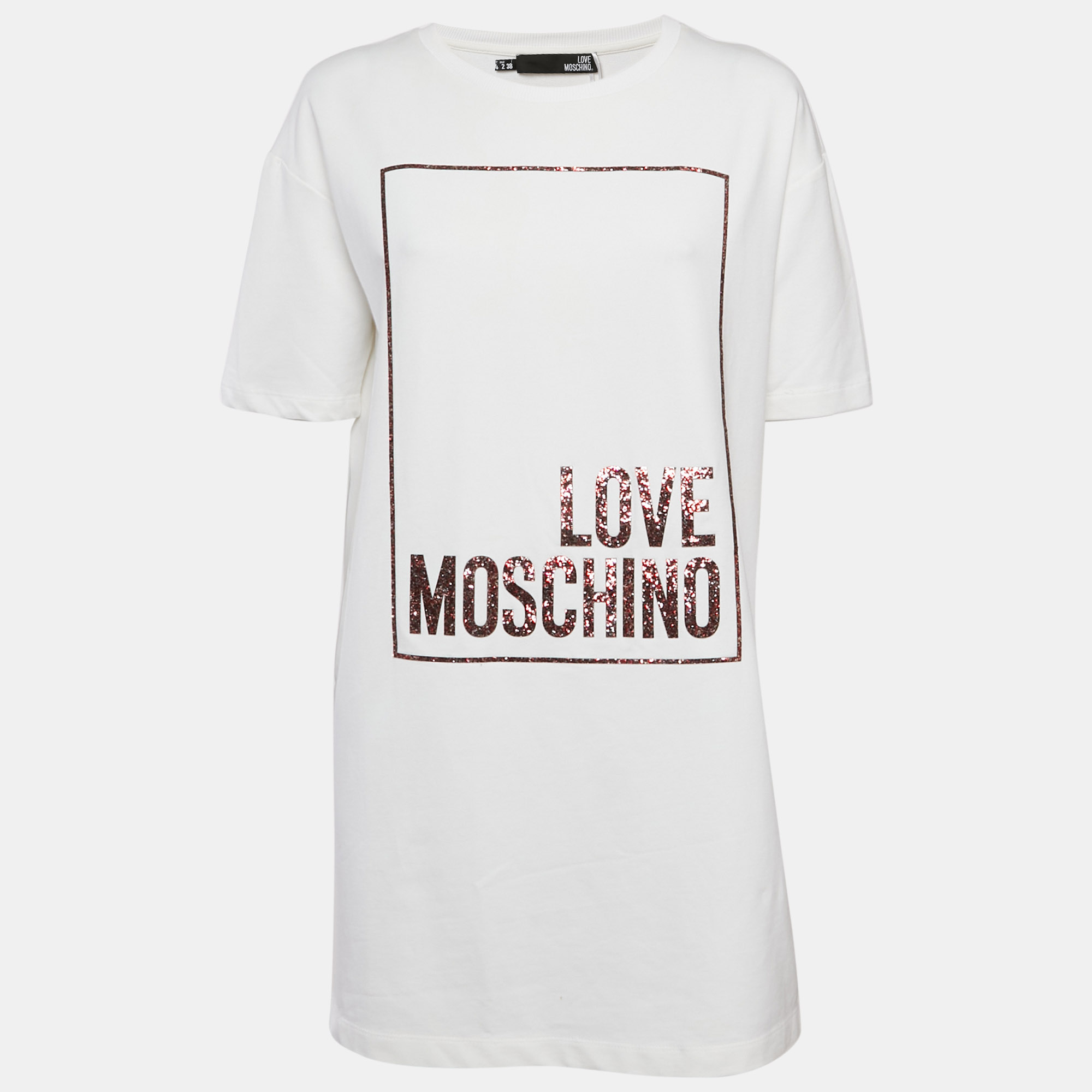 

Love Moschino White Glitter Print Jersey T-Shirt Dress S