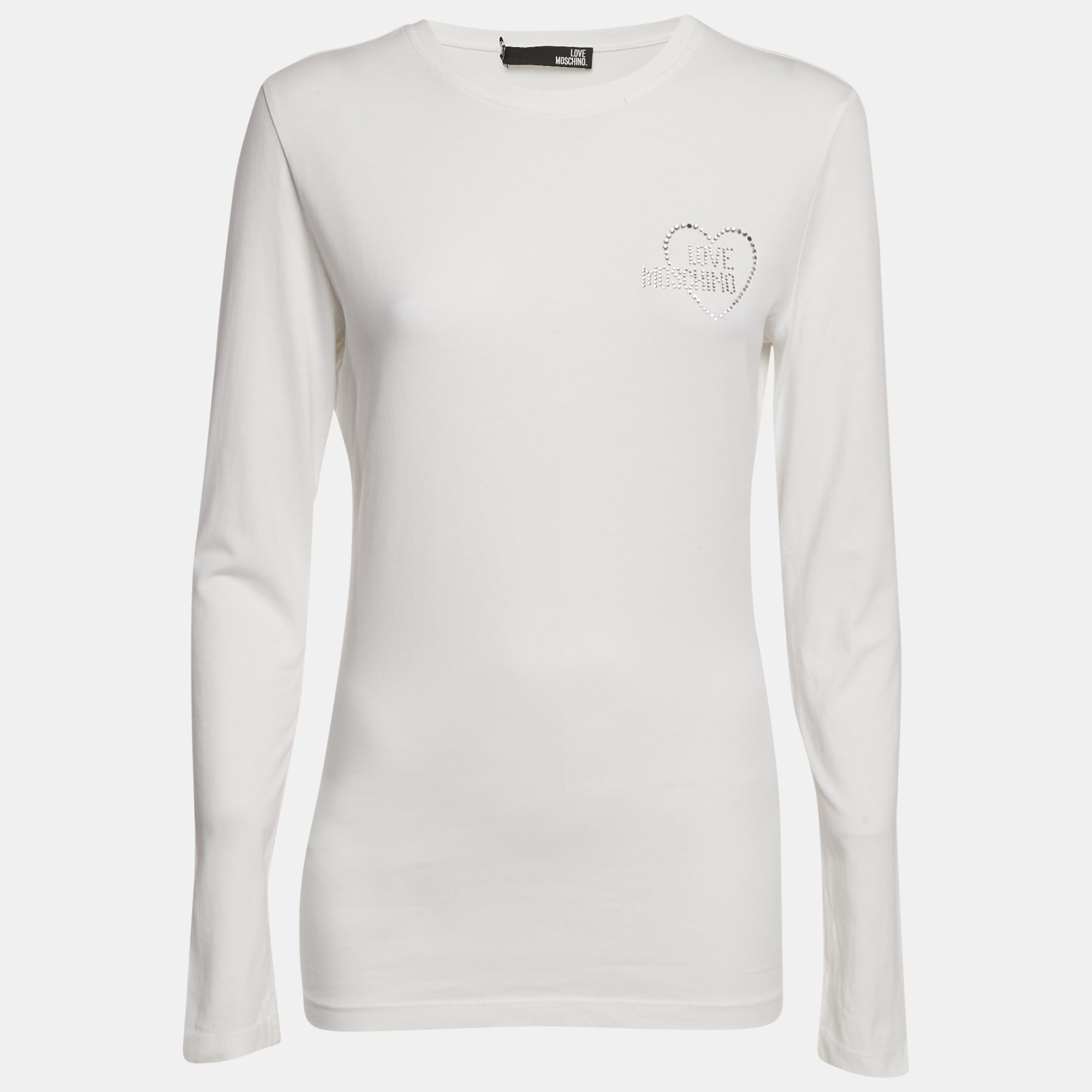 Love Moschino White Logo Rhinestone Jersey Long Sleeve T-Shirt M