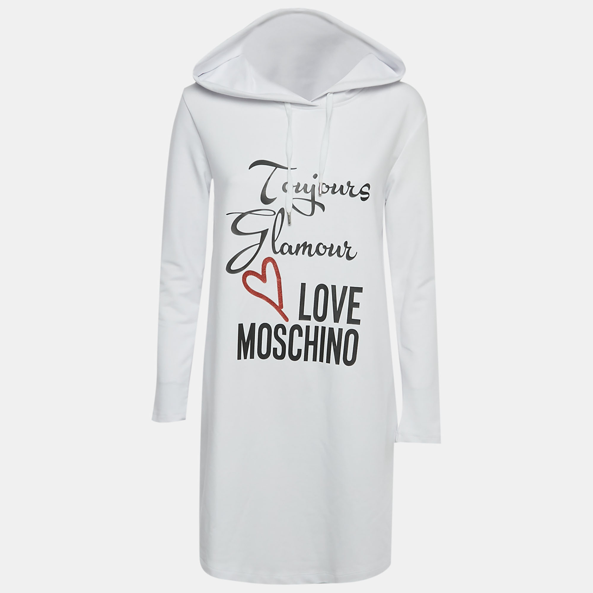 

Love Moschino White Printed Cotton Hoodie Dress S
