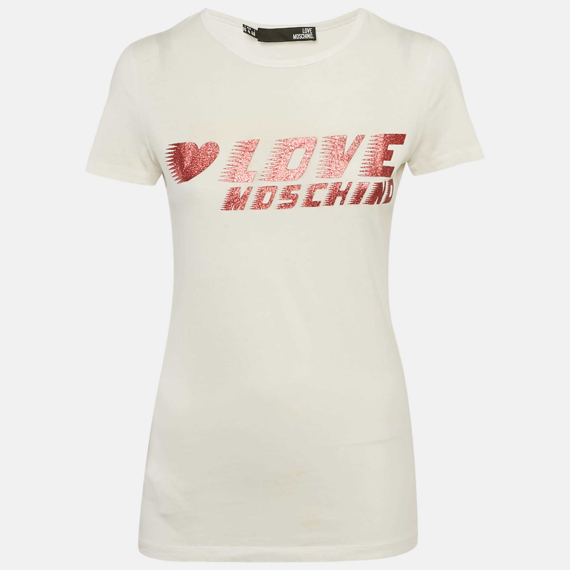 

Love Moschino White Glitter Logo Printed Cotton Knit T-Shirt S