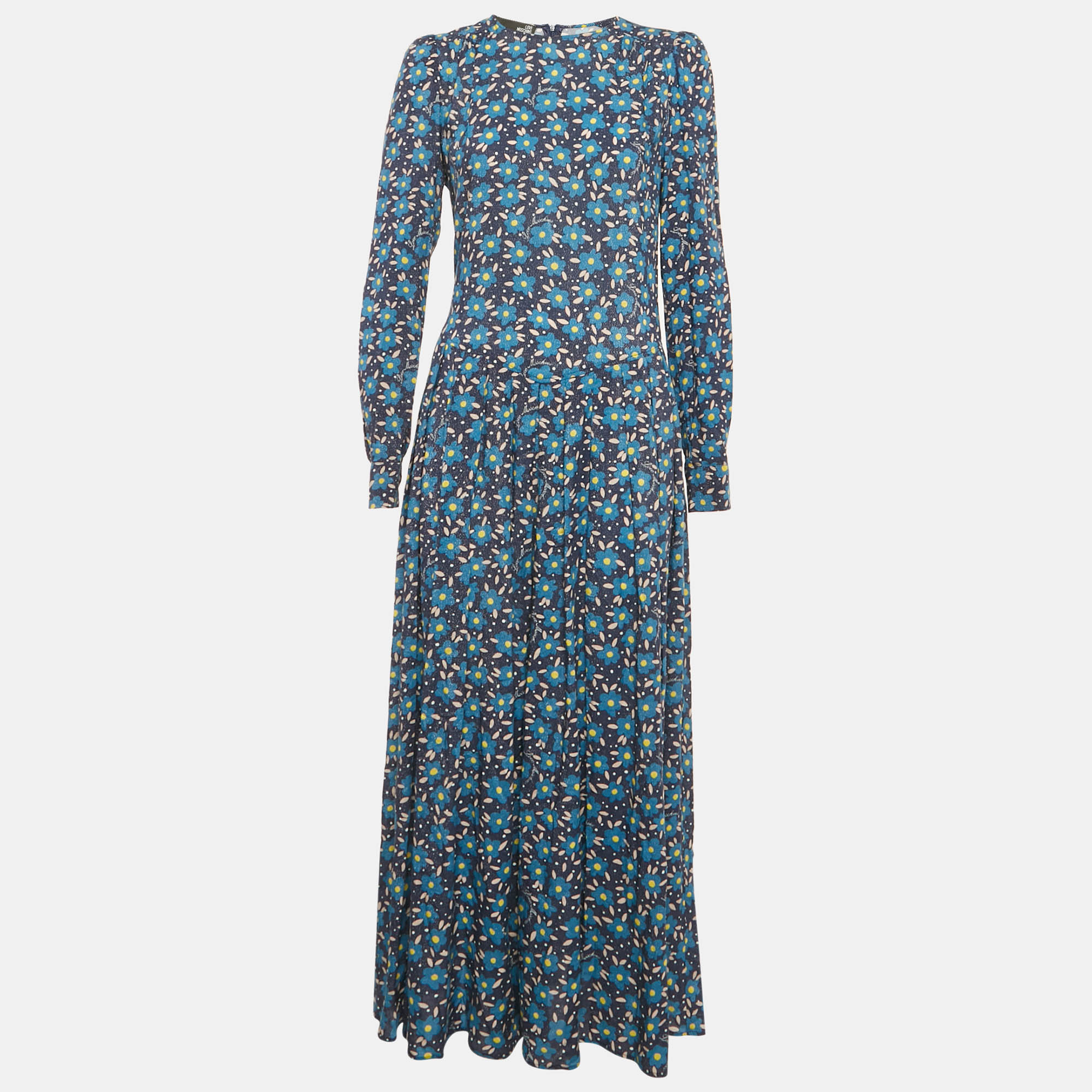 

Love Moschino Blue Floral Print Crepe Pleated Maxi Dress S