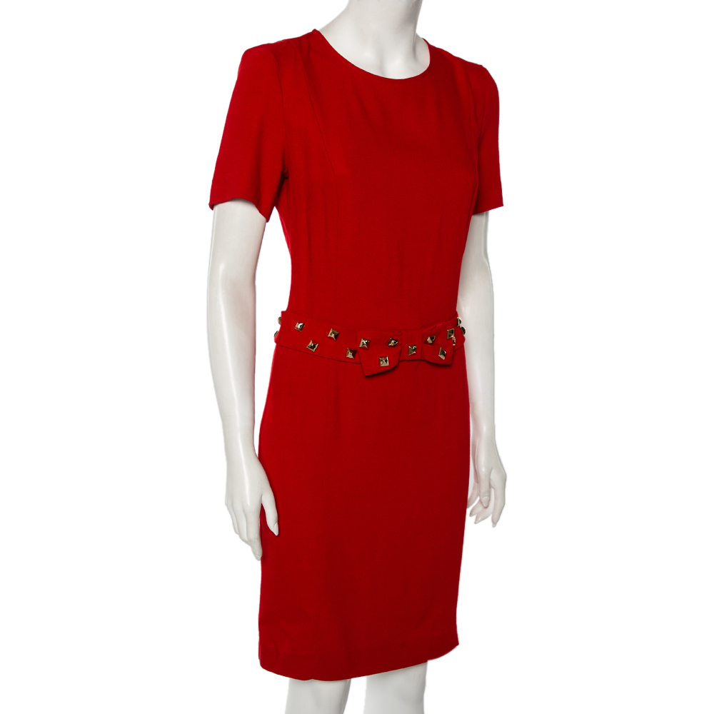 

Love Moschino Red Crepe Gold Studded Belt Detailed Dress
