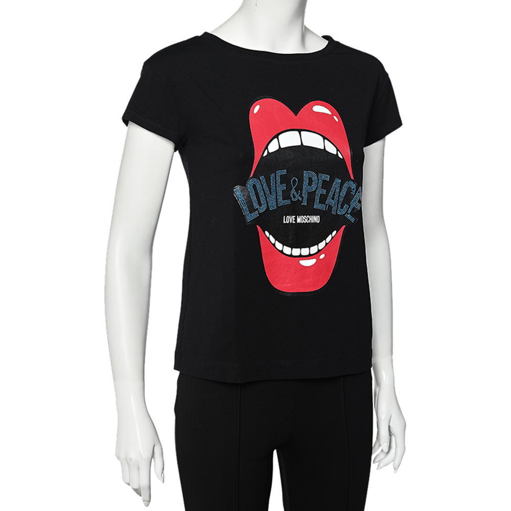 

Love Moschino Black Mouth Printed Love & Peace Embellished Cotton T-Shirt