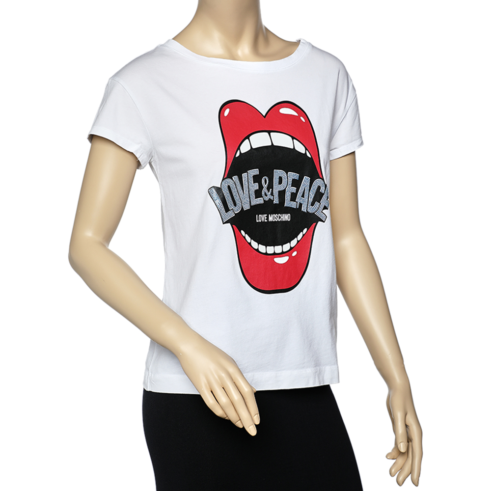 

Love Moschino White Mouth Printed Love & Peace Embellished Cotton T-Shirt