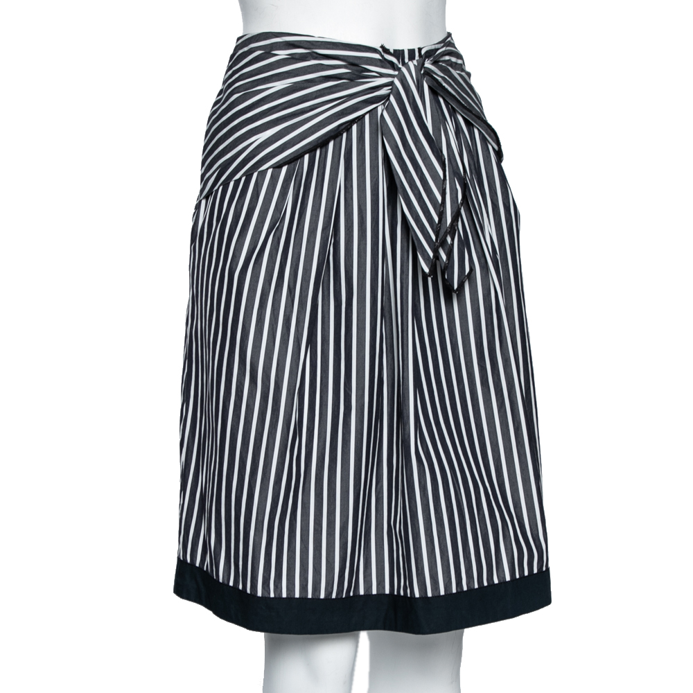 

Love Moschino Grey Striped Cotton Front Tie Detailed Knee Length Skirt