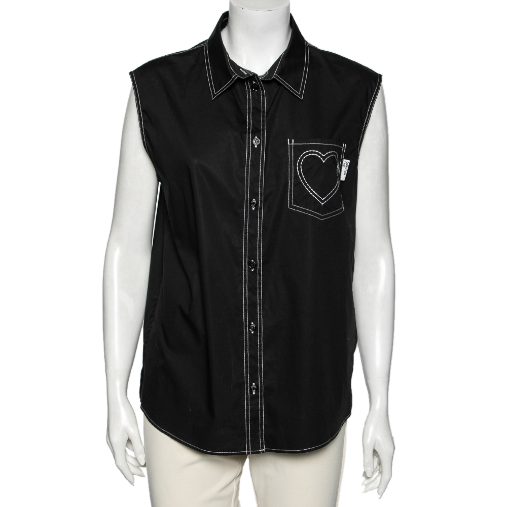 

Love Moschino Black Cotton Heart Embroidered Sleeveless Shirt