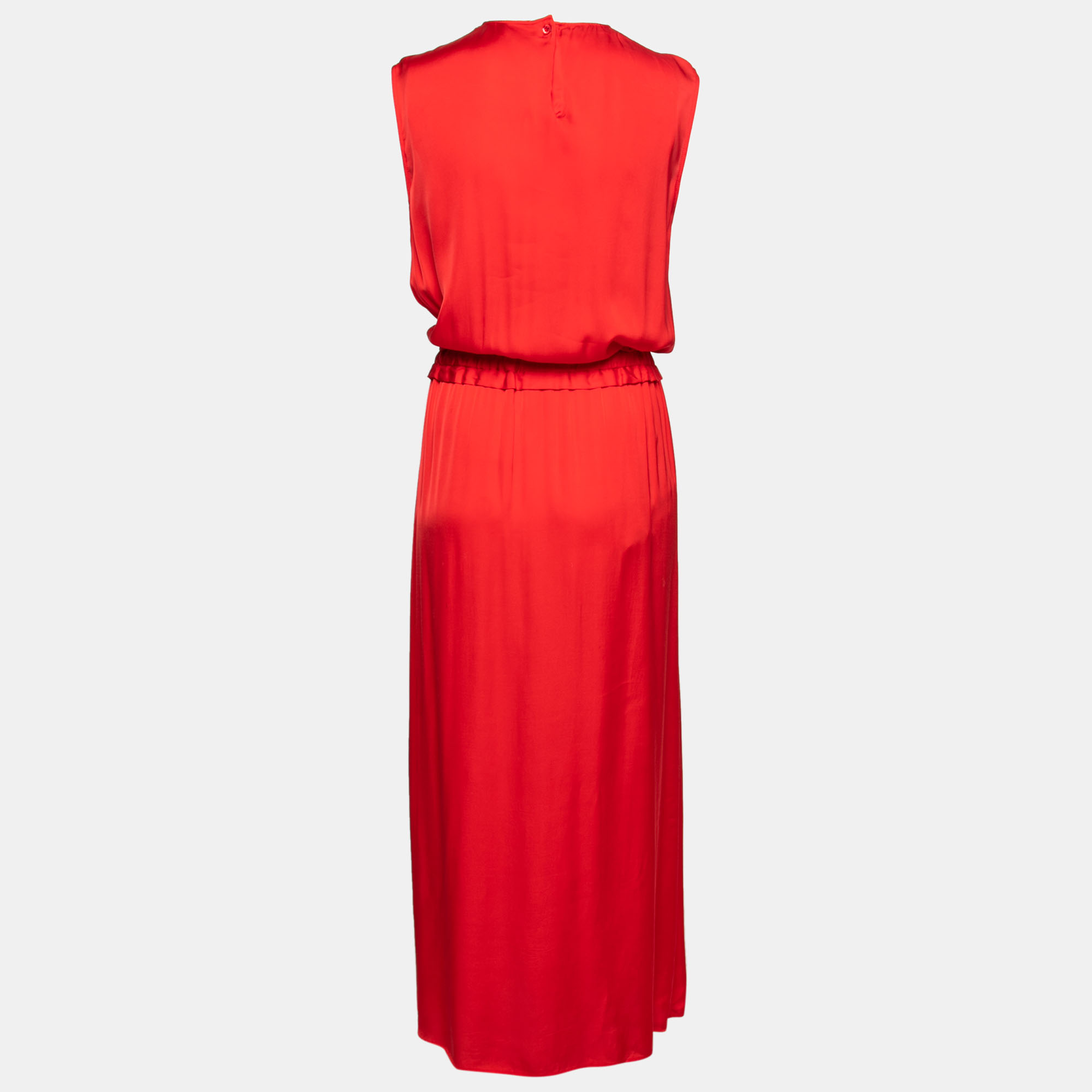 

Love Moschino Red Silk Ruffle Trim Waist Sleeveless Maxi Dress