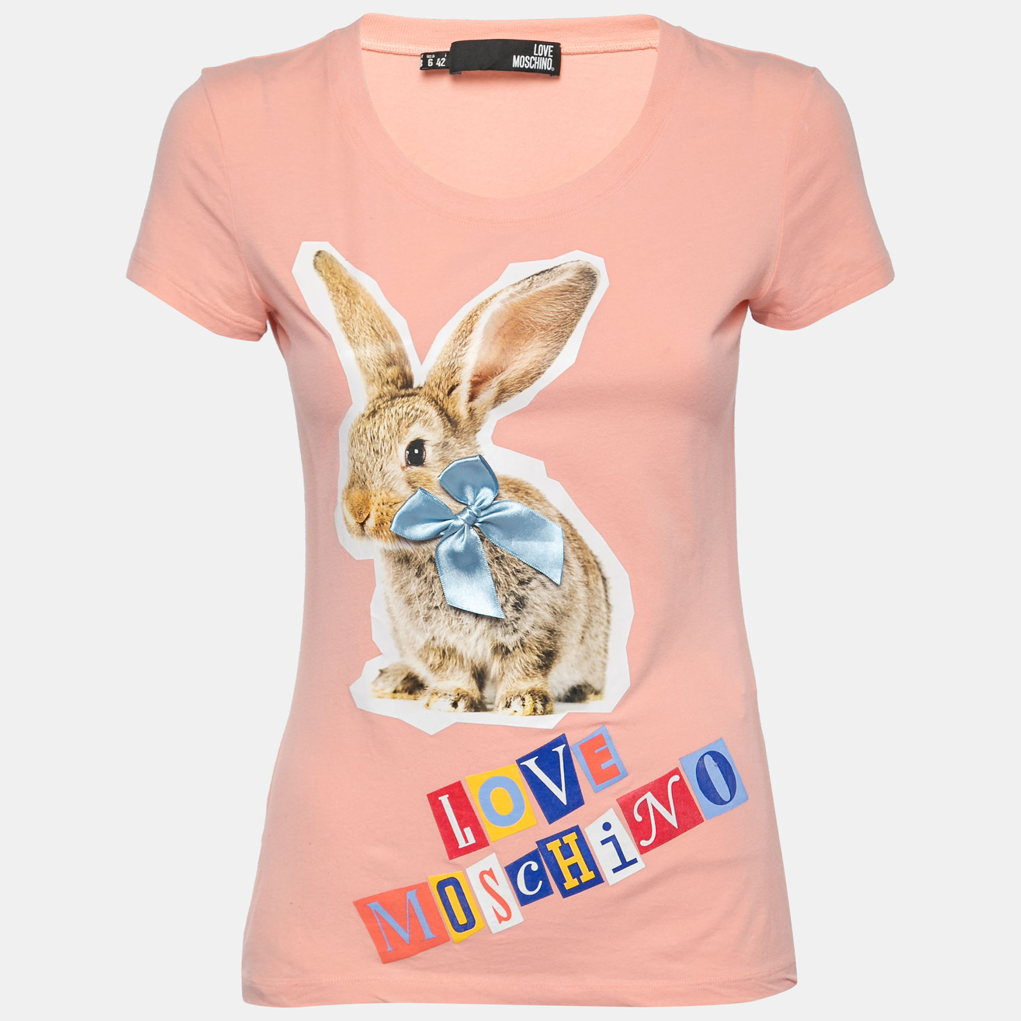 Pre-owned Love Moschino Pink Bunny Printed Stretch Cotton Bow Detail T-shirt M