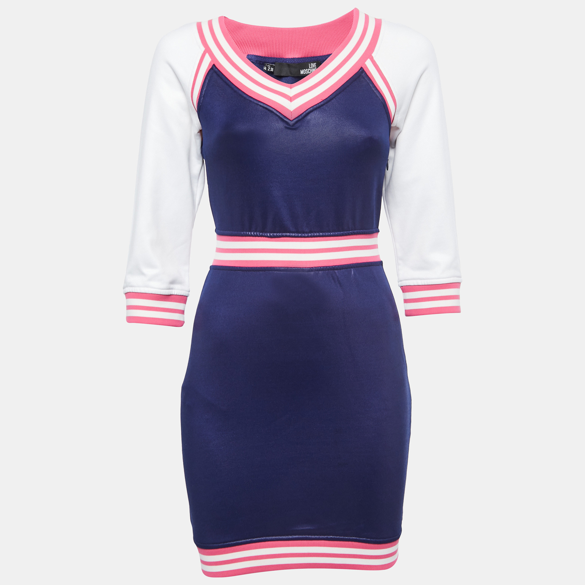 Pre-owned Love Moschino Blue Jersey Contrast Rib Trim Mini Dress S