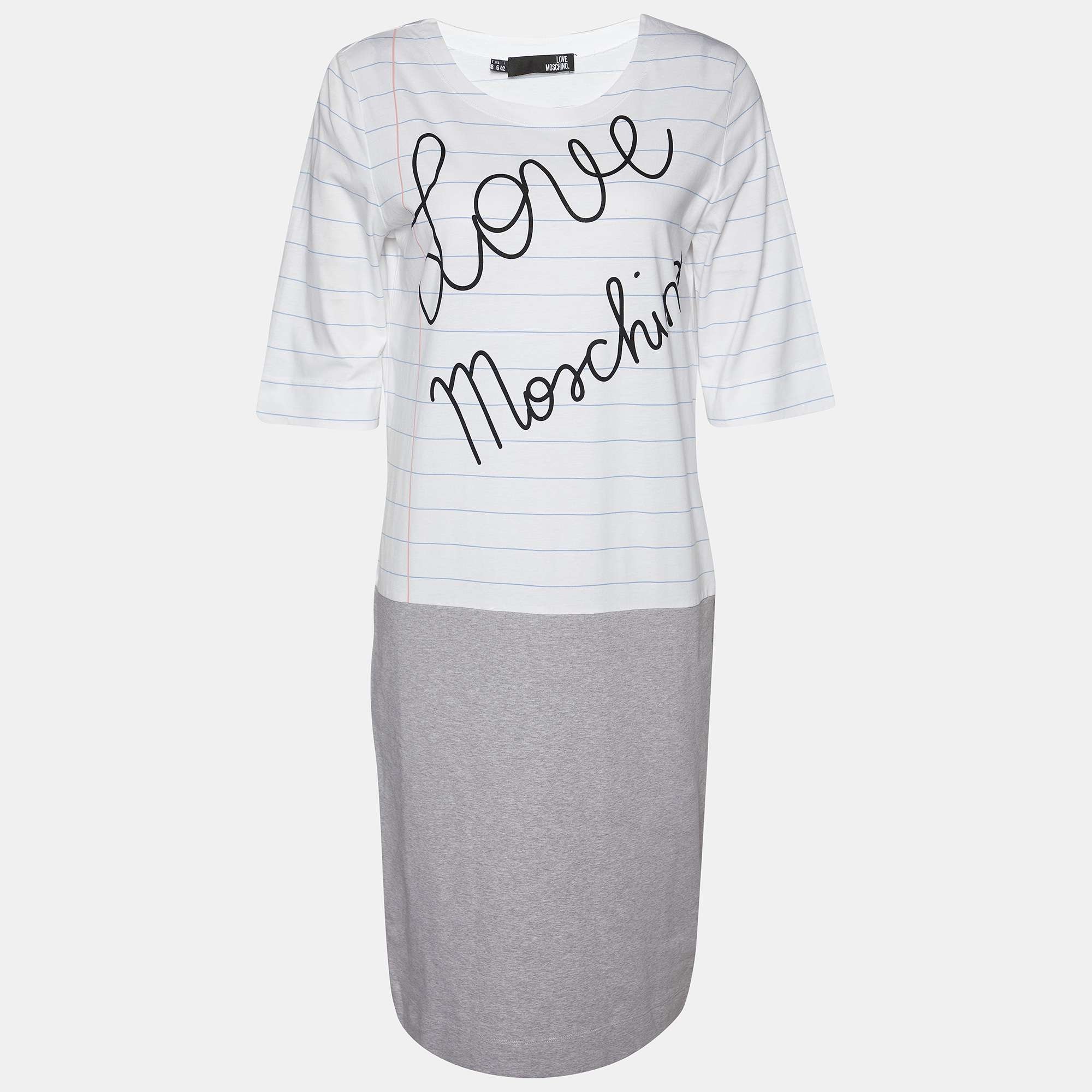 Love Moschino White & Grey Book Paper Printed Cotton Knit T-Shirt Dress M