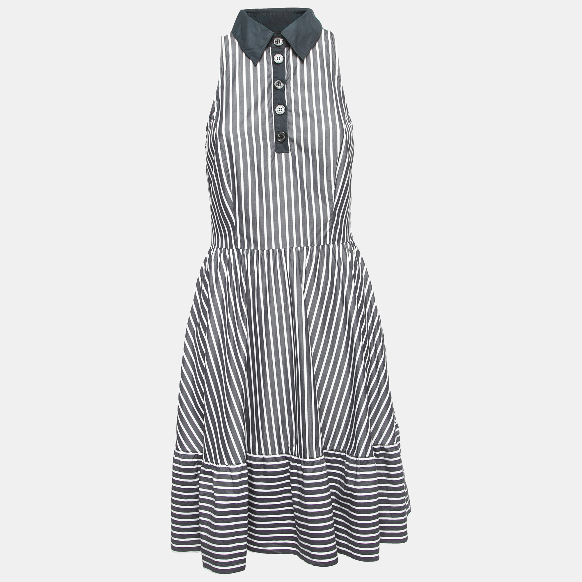 Pre-owned Love Moschino Grey Striped Cotton Contrast Detail Sleeveless Midi Dress M
