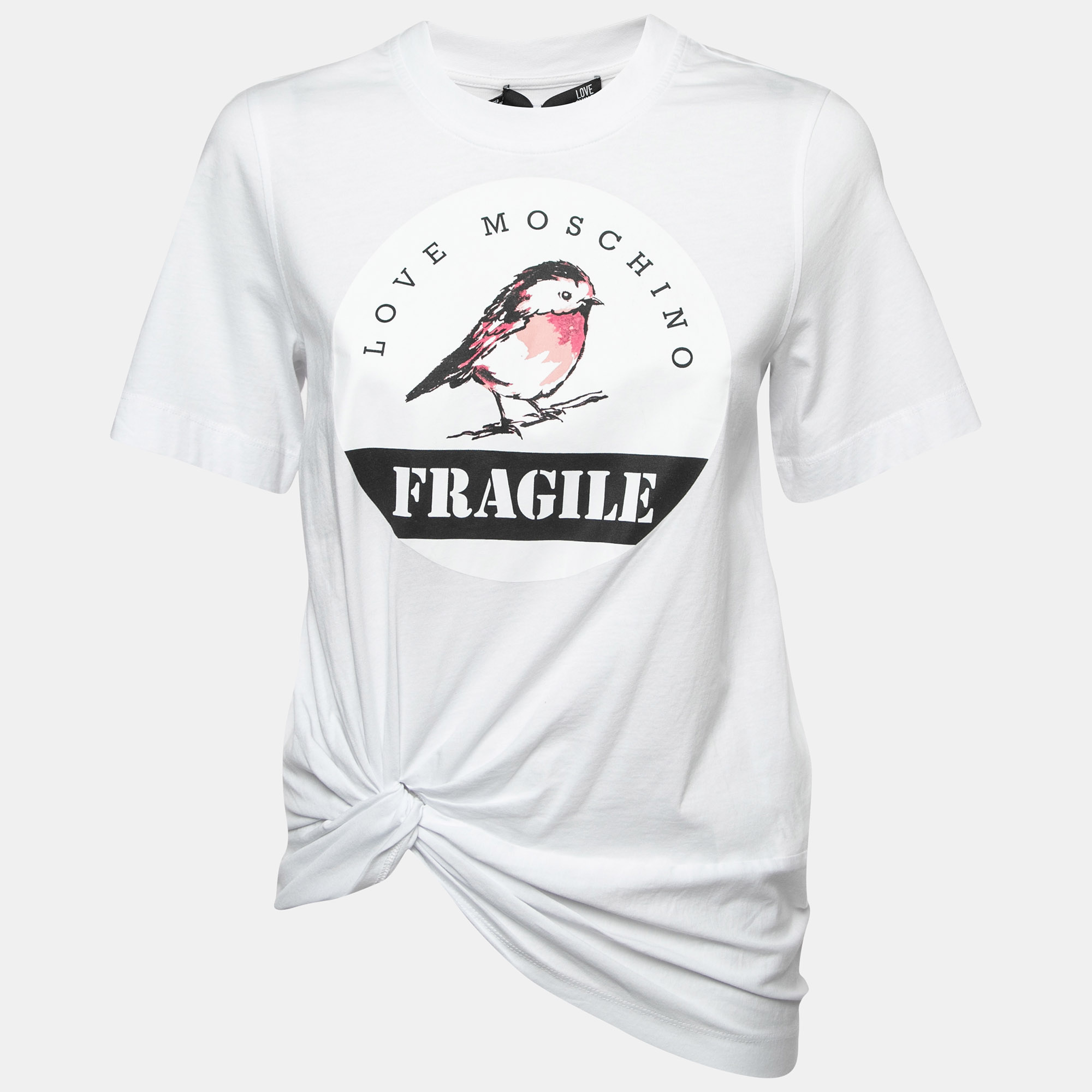 Pre-owned Love Moschino White Logo Print Cotton Draped Half Sleeve T-shirt S