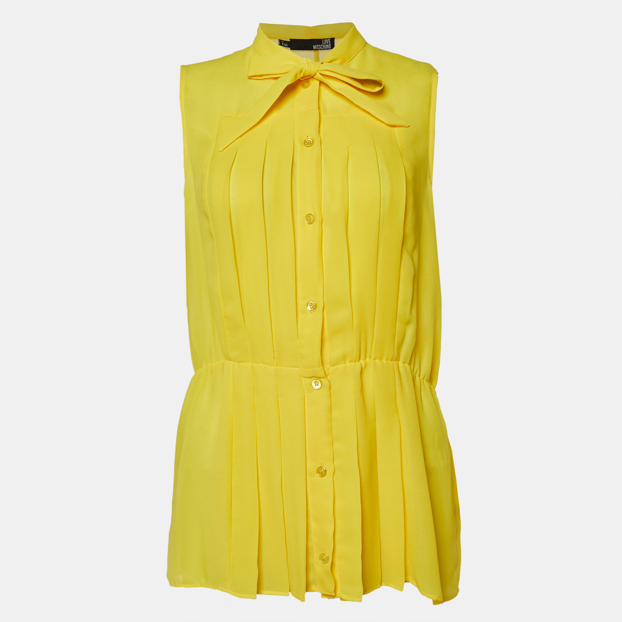 Pre-owned Love Moschino Yellow Chiffon Pleated Detail Button Front Sleeveless Shirt M
