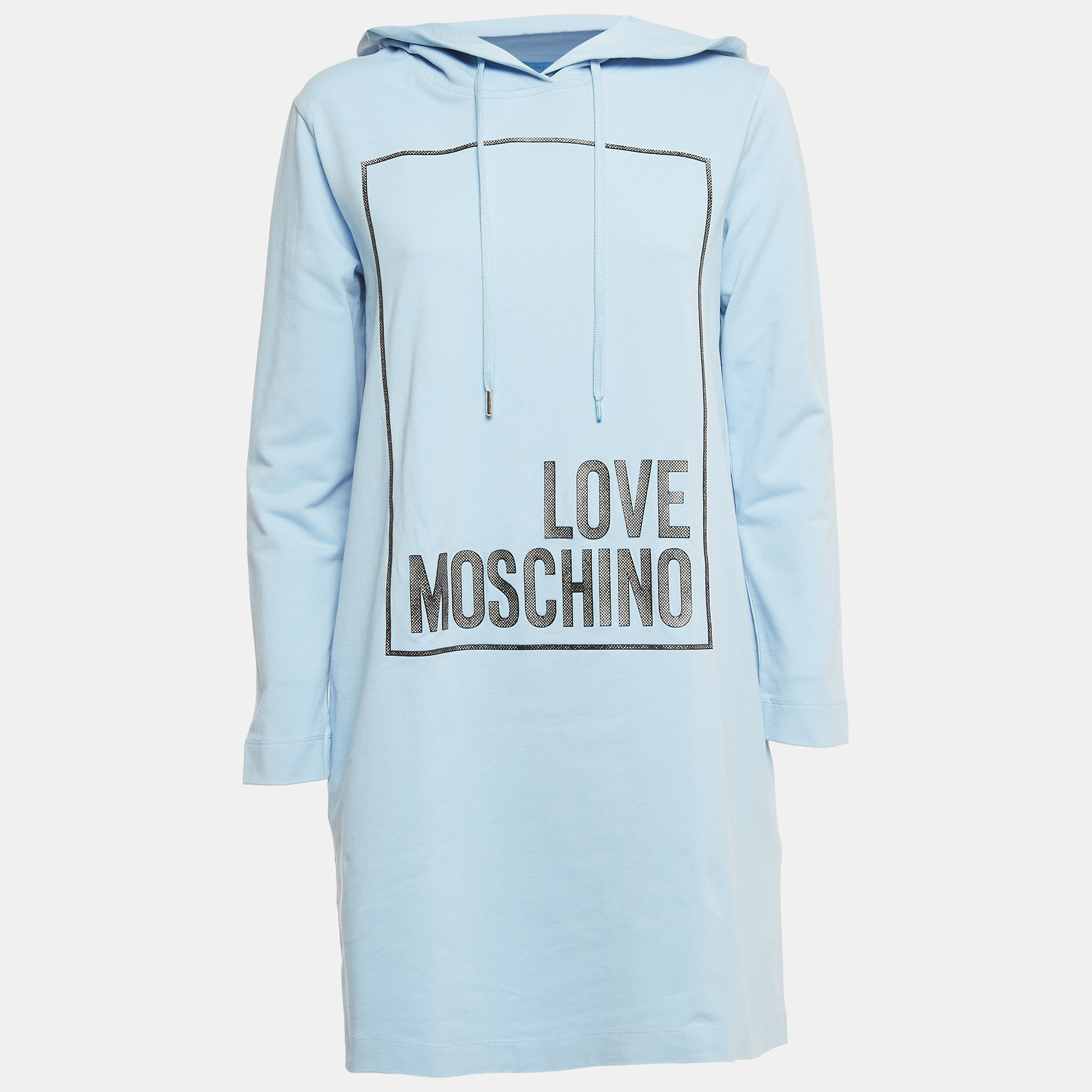 Pre-owned Love Moschino Blue Cotton Frame Logo Hoodie Dress S