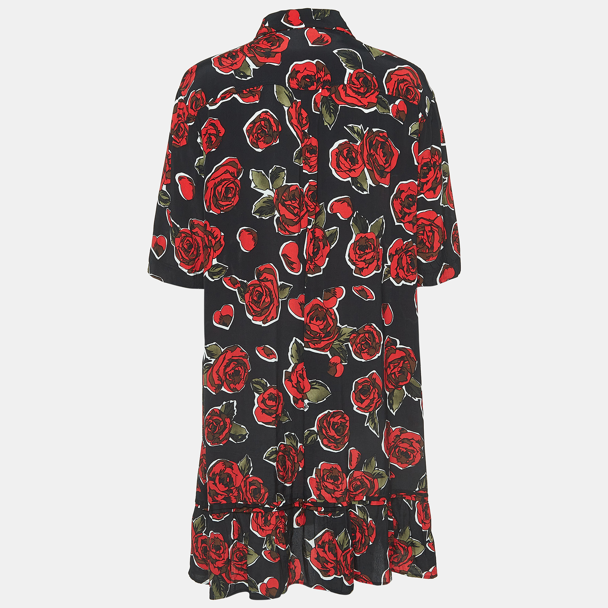 

Love Moschino Black Rose Print Crepe Buttoned Mini Shirt Dress