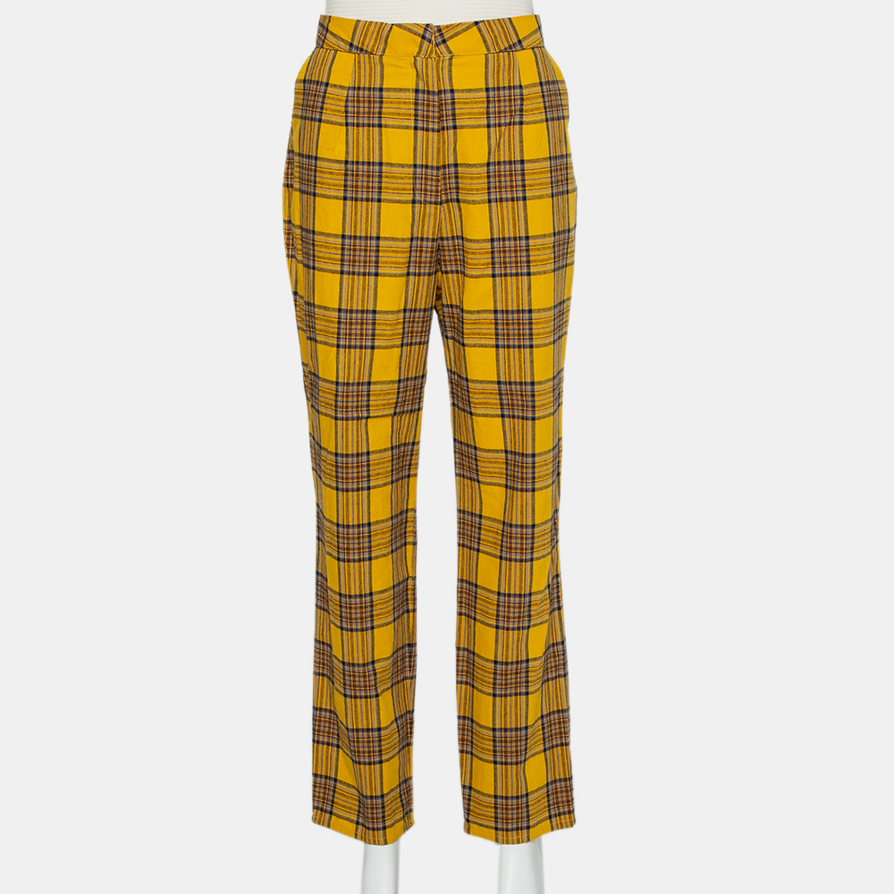 Pre-owned Lpa Mustard Yellow Cotton Plaid Slim Trousers L