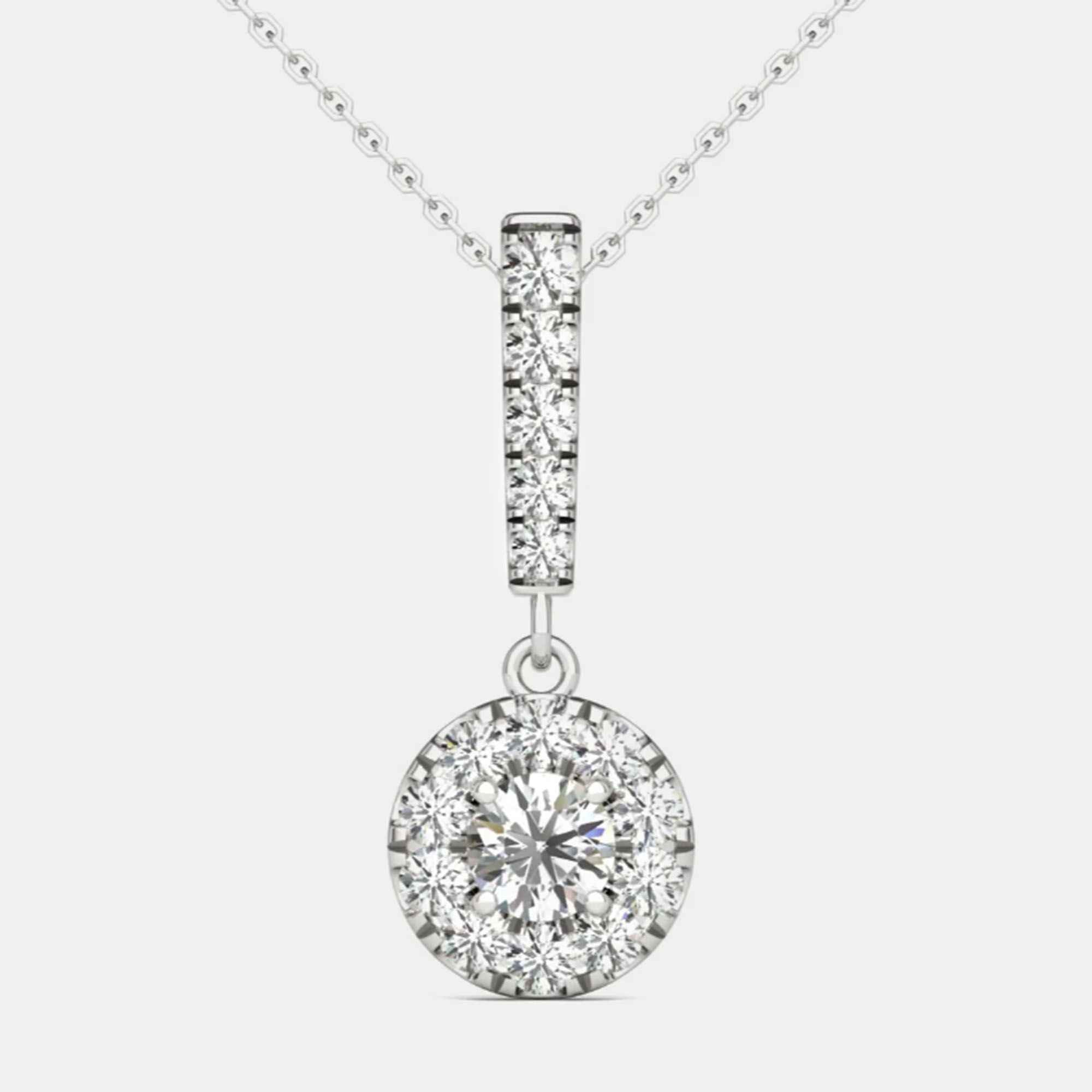 

14K White Gold Natural Diamond Halo Stick Pendant Necklace (3/4 Ct)