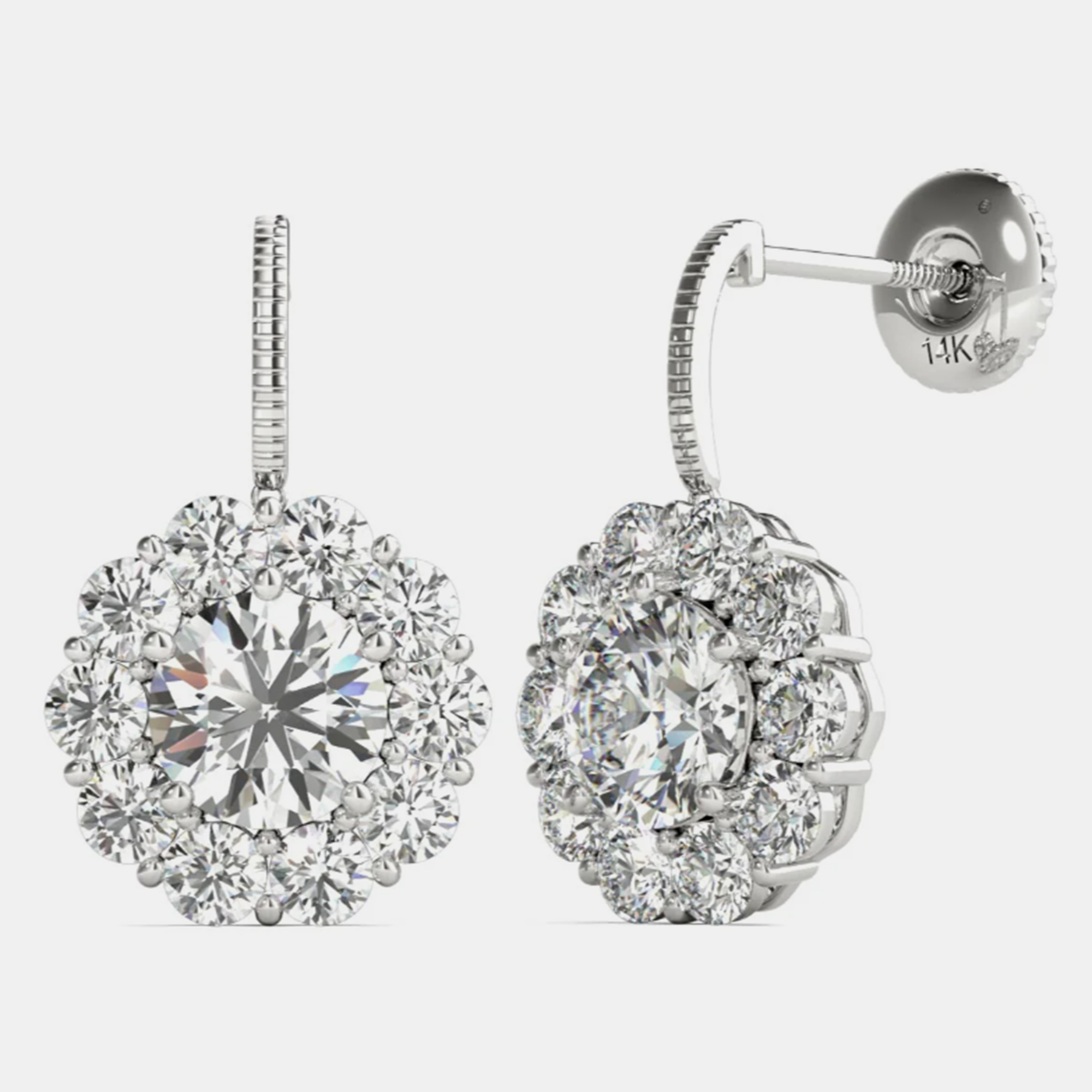 

14K White Gold Natural Diamond Dangle Halo Screw Back Earrings (2.20 Ctw)