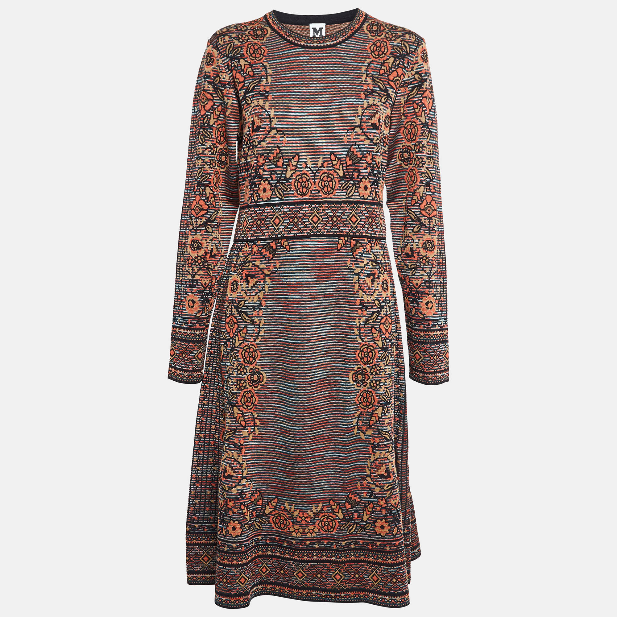 Pre-owned M Missoni Denim Patterned Knit Full Sleeve Midi Dress L In Multicolor