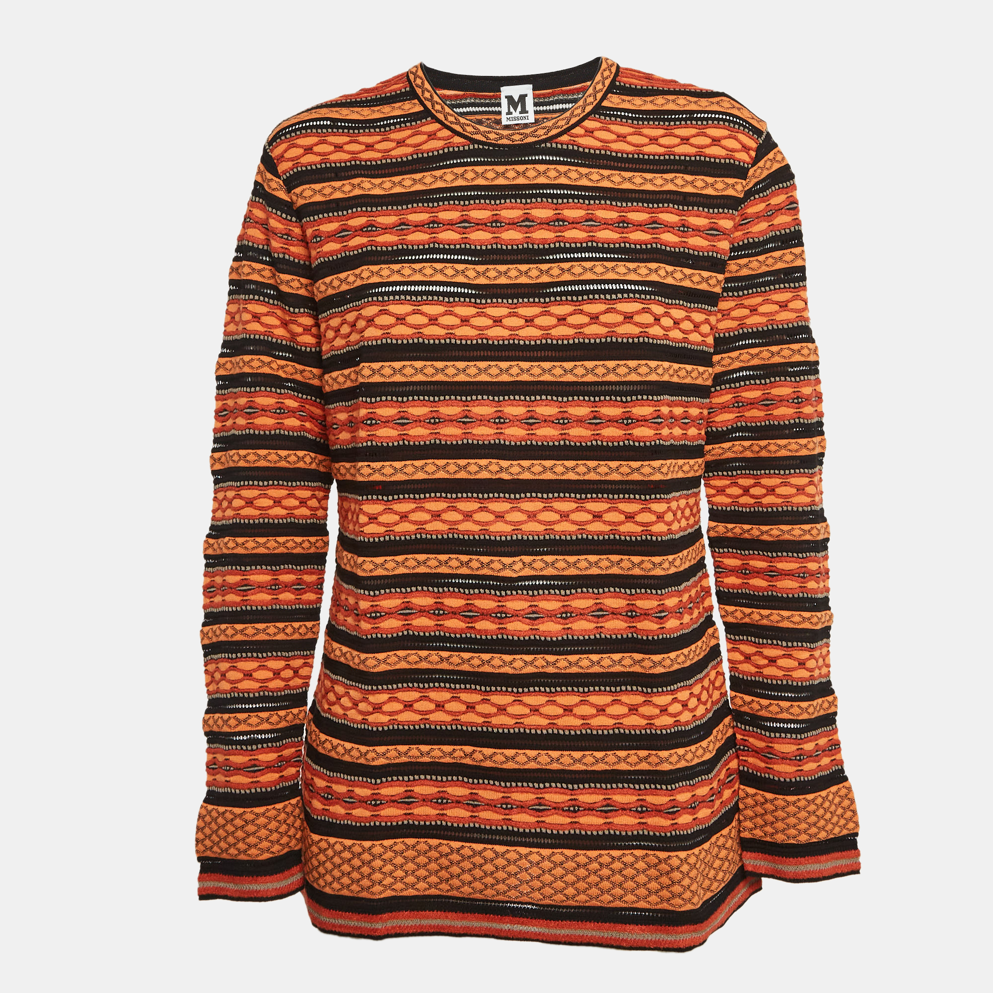 Pre-owned M Missoni Orange/black Patterned Knit Long Sleeve Top L