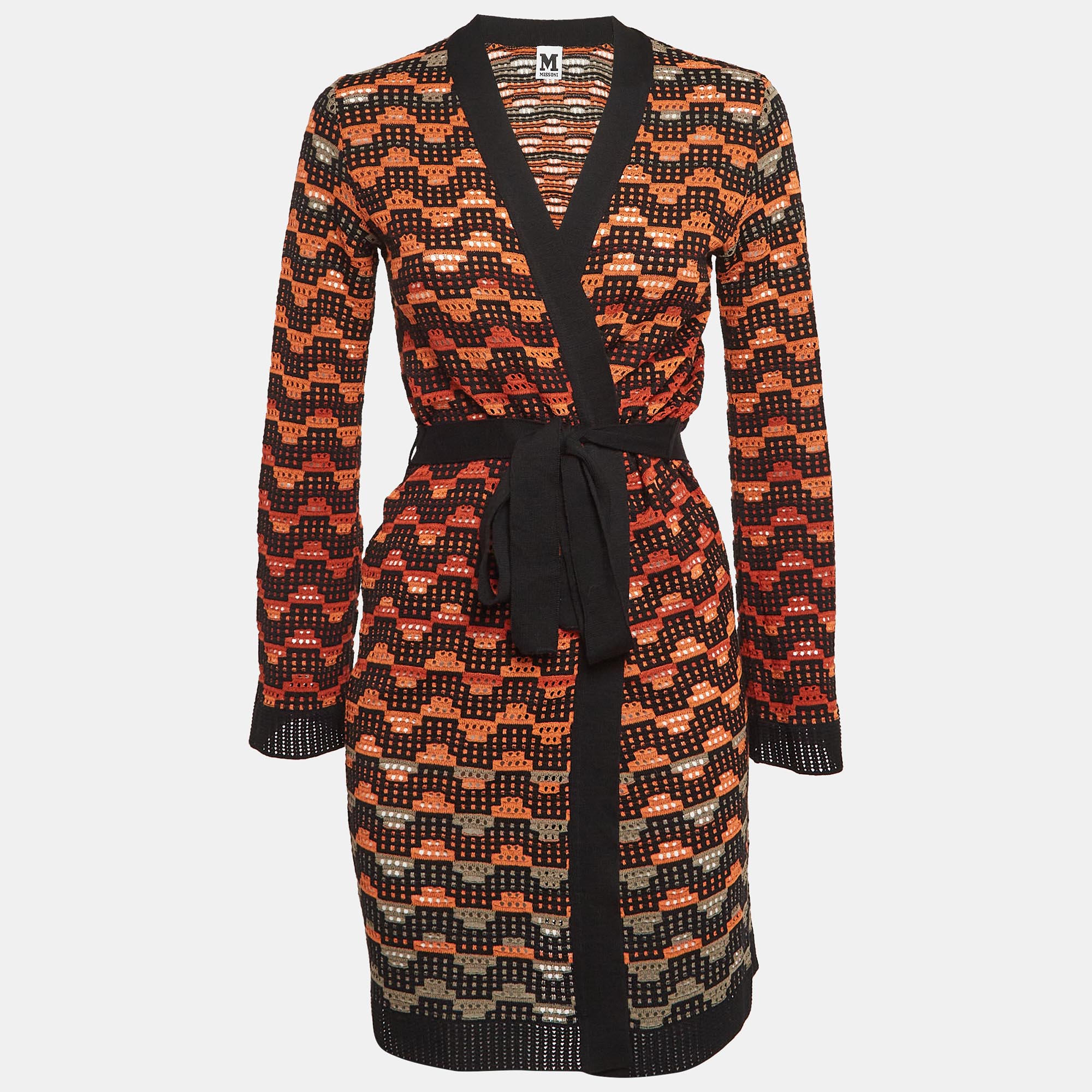 

M Missoni Orange/Black Patterned Knit Belted Cardigan S