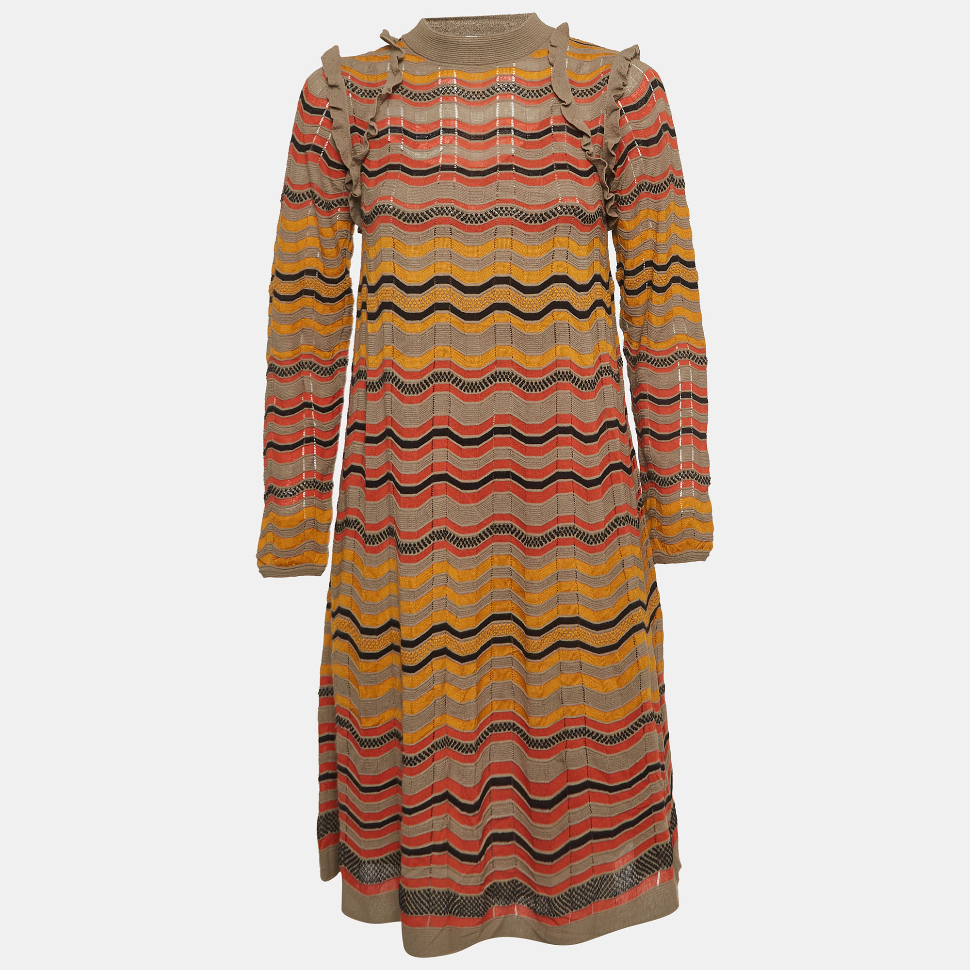 

M Missoni Multicolor Patterned Knit Ruffle Detail Midi Dress L