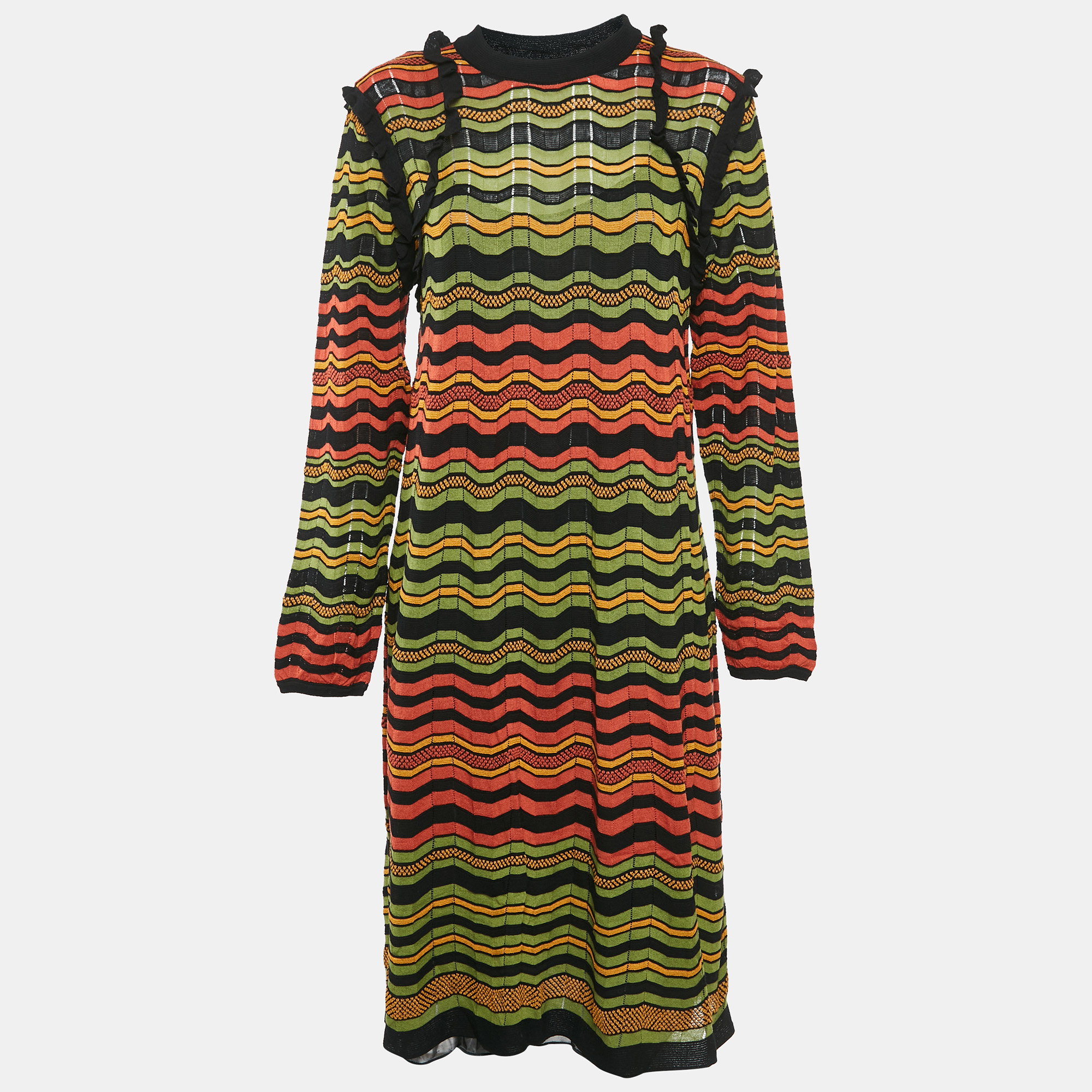 

M Missoni Multicolor Patterned Knit Ruffle Detail Midi Dress L