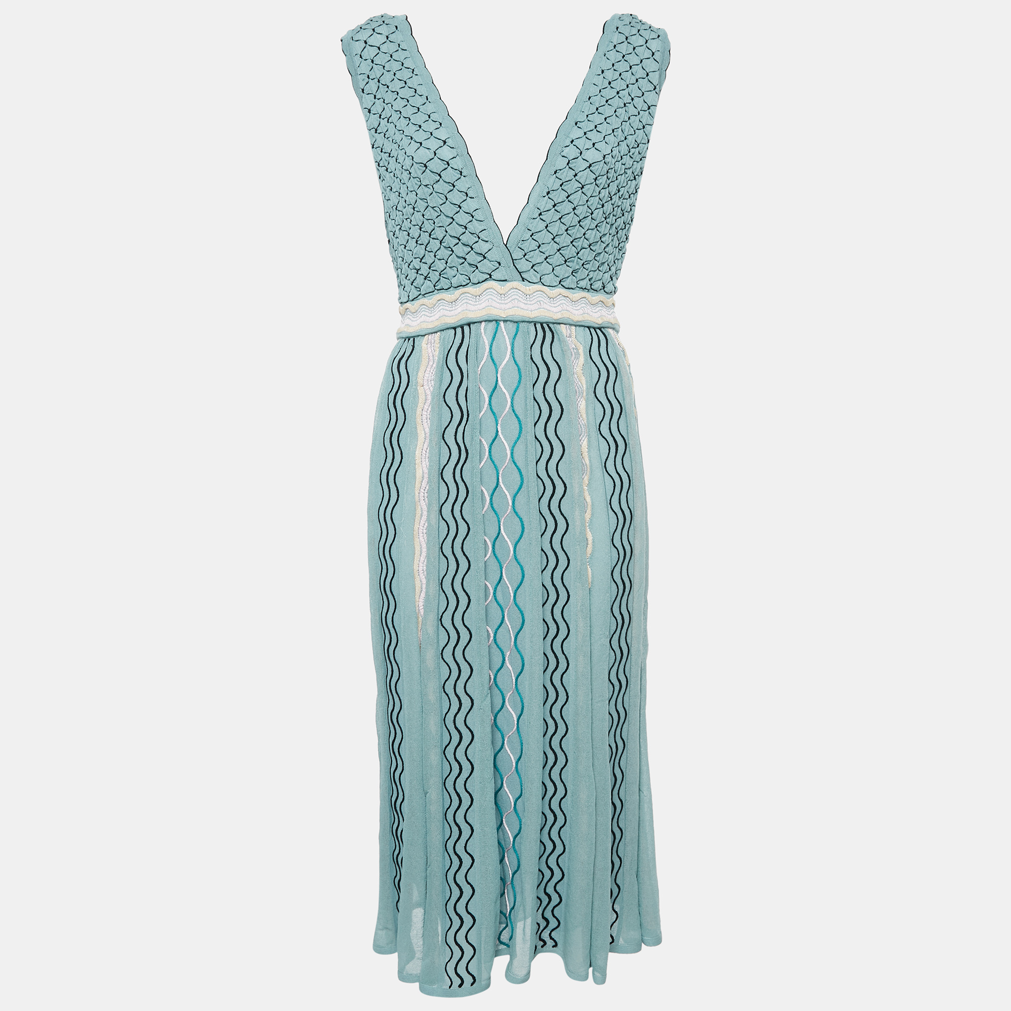 

M Missoni Blue Patterned Knit V-Neck Sleeveless Midi Dress L