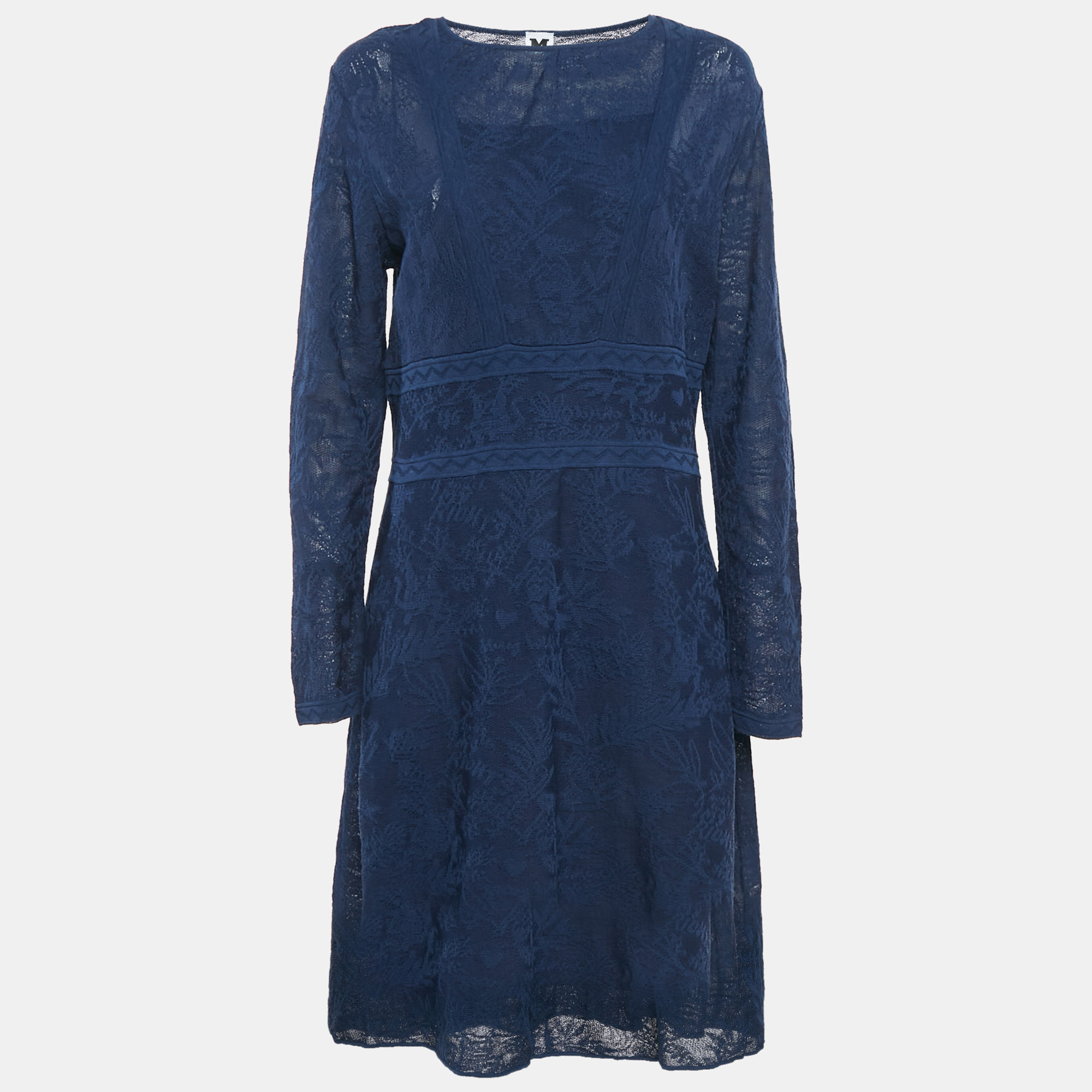 

M Missoni Navy Blue Jacquard Knit Knee-Length Dress L