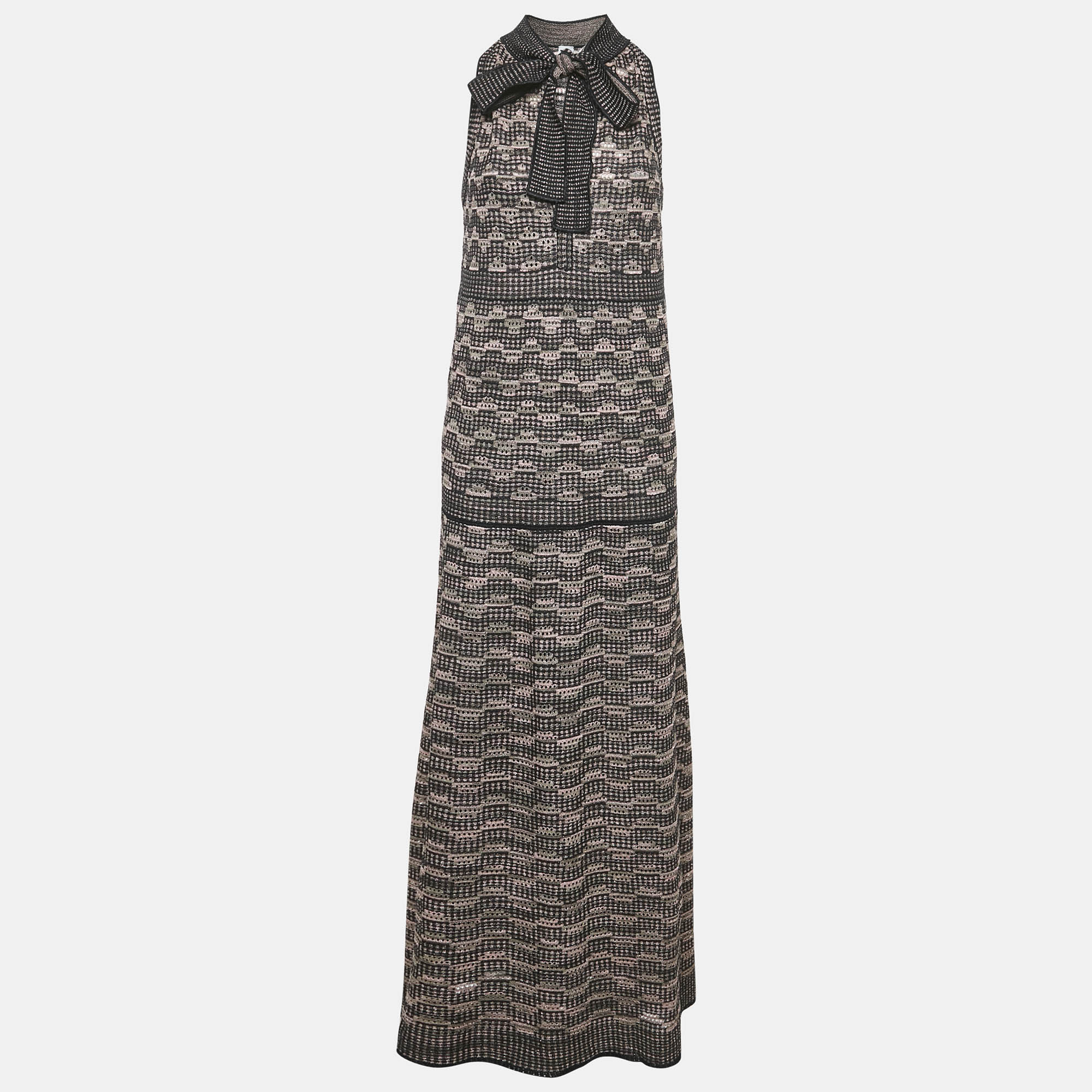 

M Missoni Multicolor Pinhole Patterned Lurex Knit Tie-Up Neck Maxi Dress M