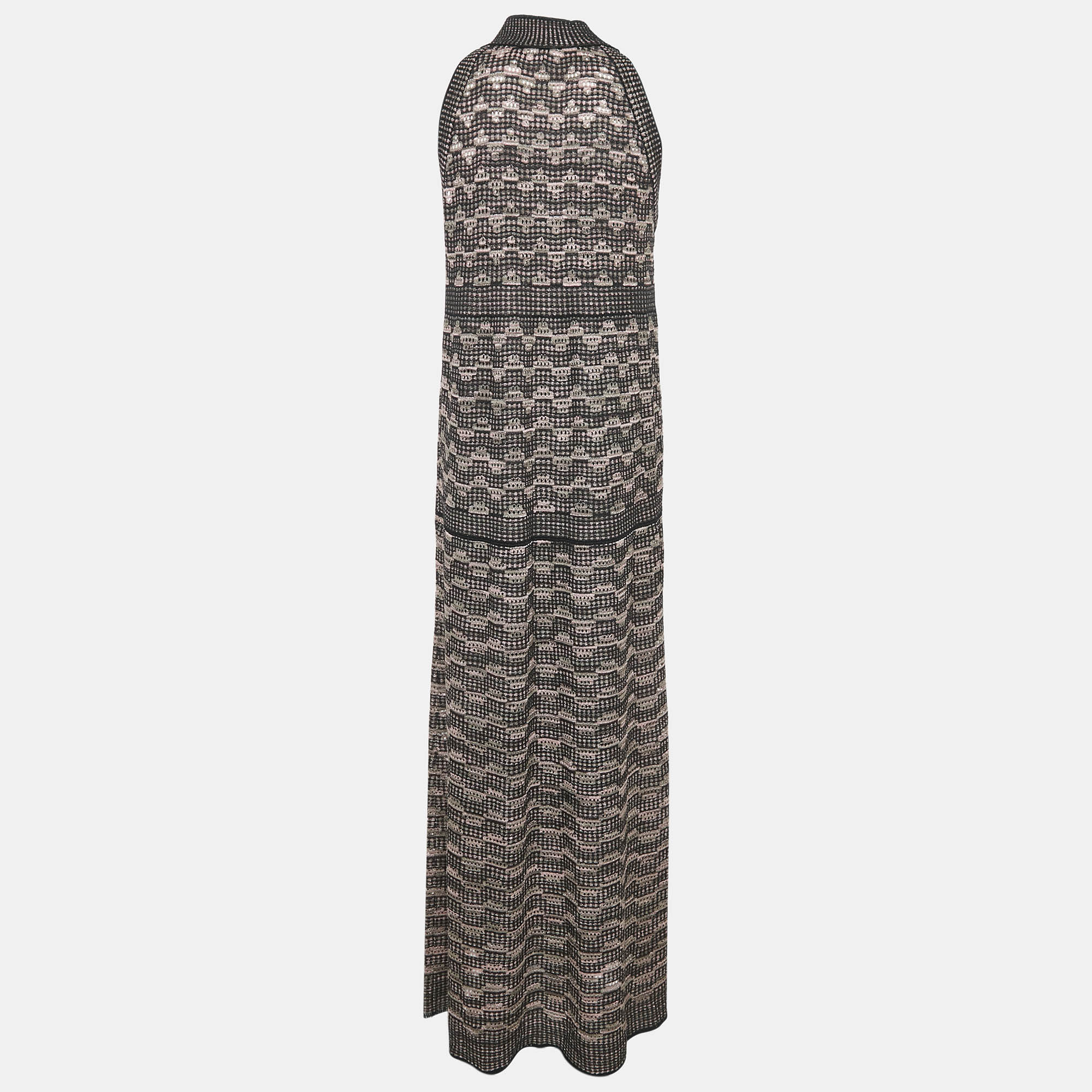 M Missoni Multicolor Pinhole Patterned Lurex Knit Tie-Up Neck Maxi Dress M 
