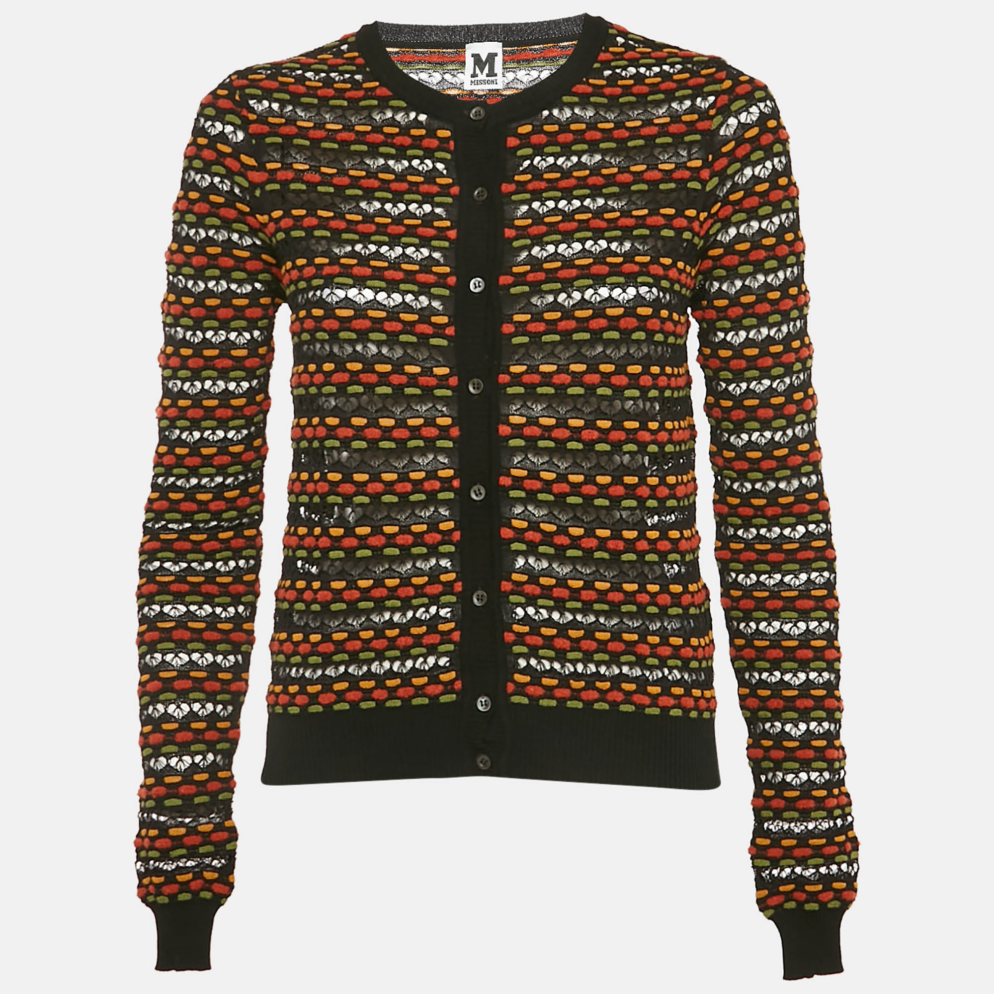 

M Missoni Black/Orange Eyelet Patterned Knit Cardigan M