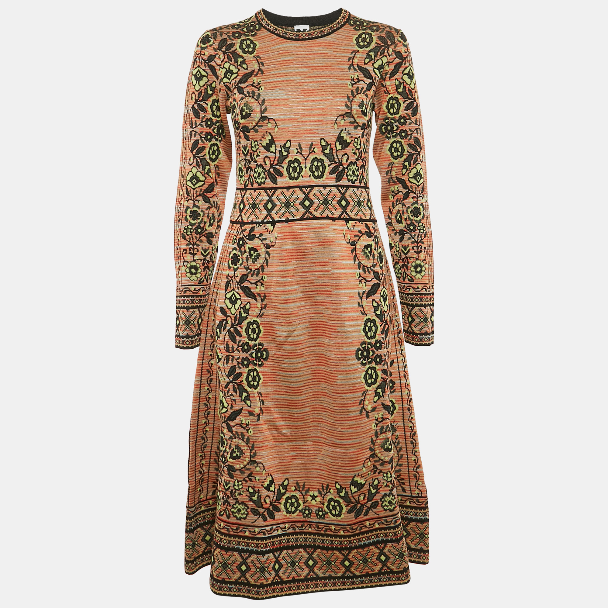 

M Missoni Multicolor Patterned Knit Long Sleeve Midi Dress S, Beige