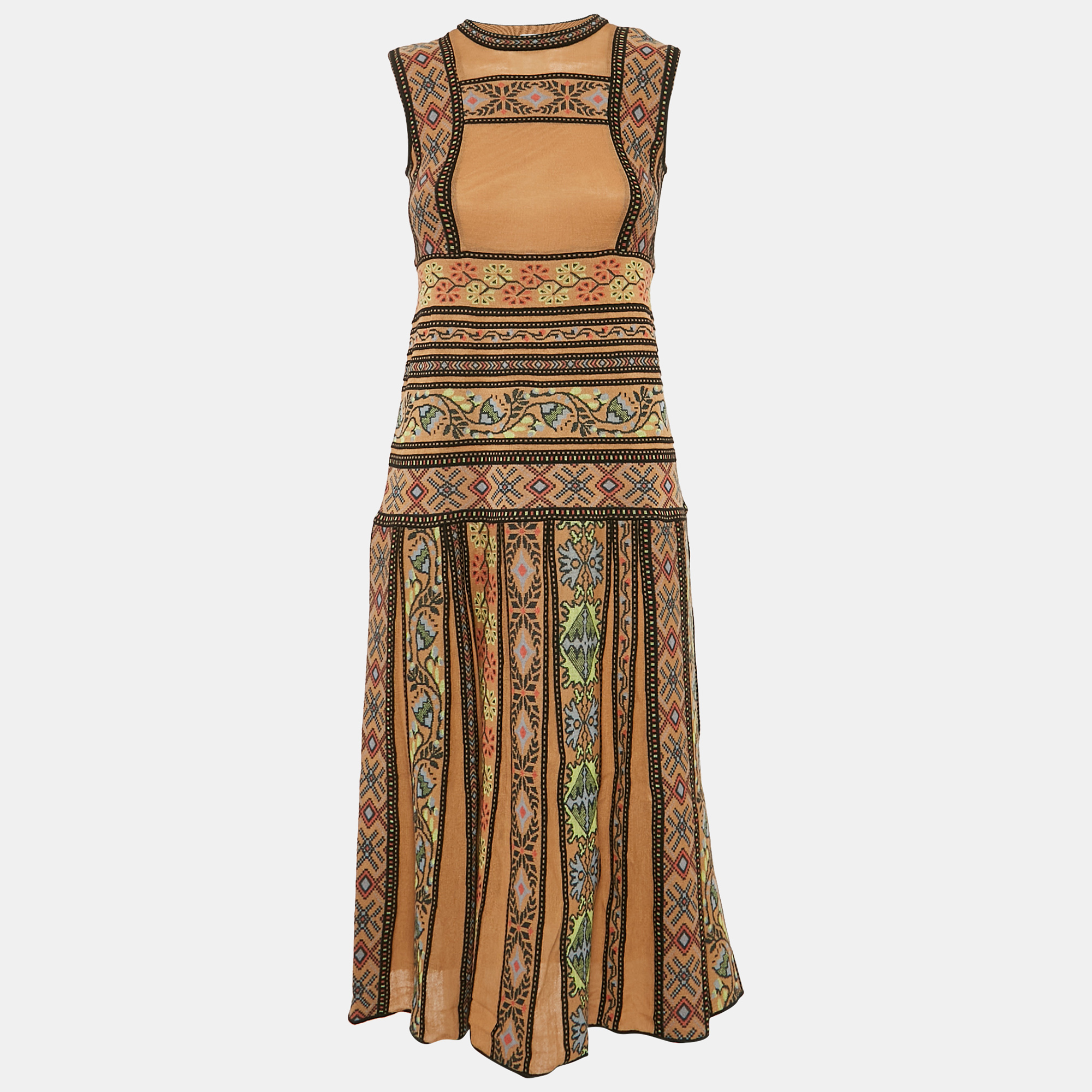 

M Missoni Beige Patterned Intarsia Wool Knit Sleeveless Midi Dress S