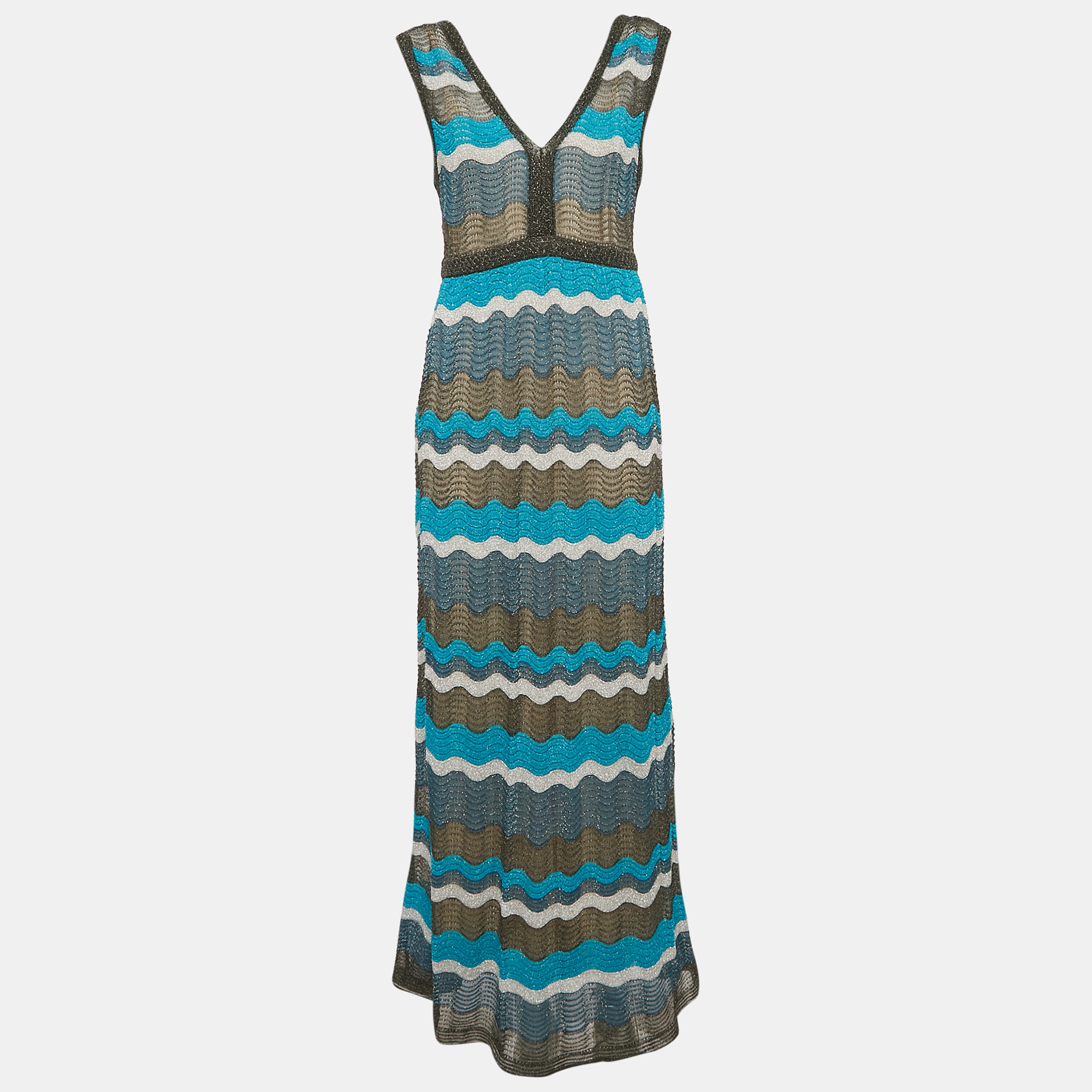 

M Missoni Blue Wave Pattern Lurex Knit Sleeveless Long Dress M