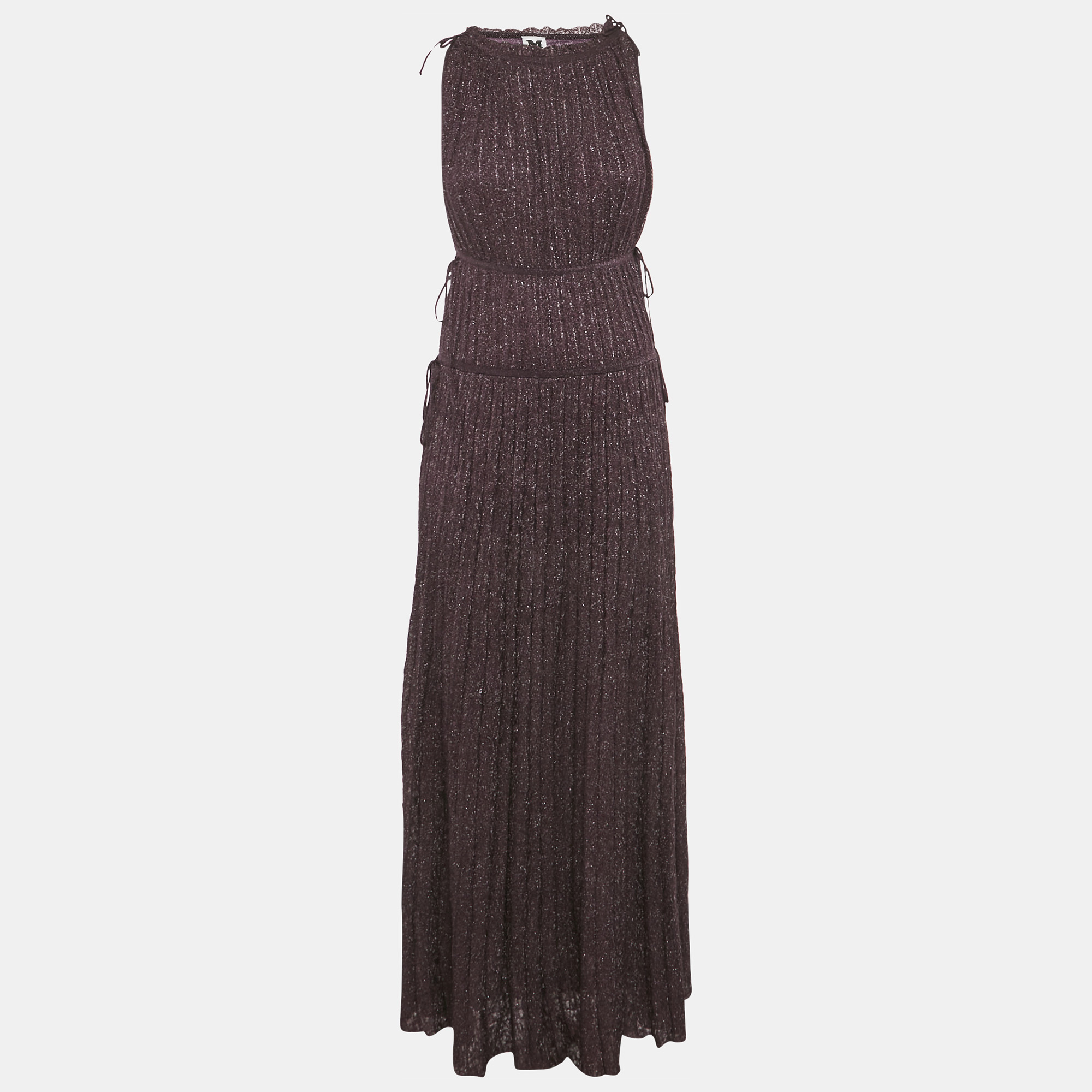 M Missoni Purple Plum Lurex Knit Pleated Maxi Dress L