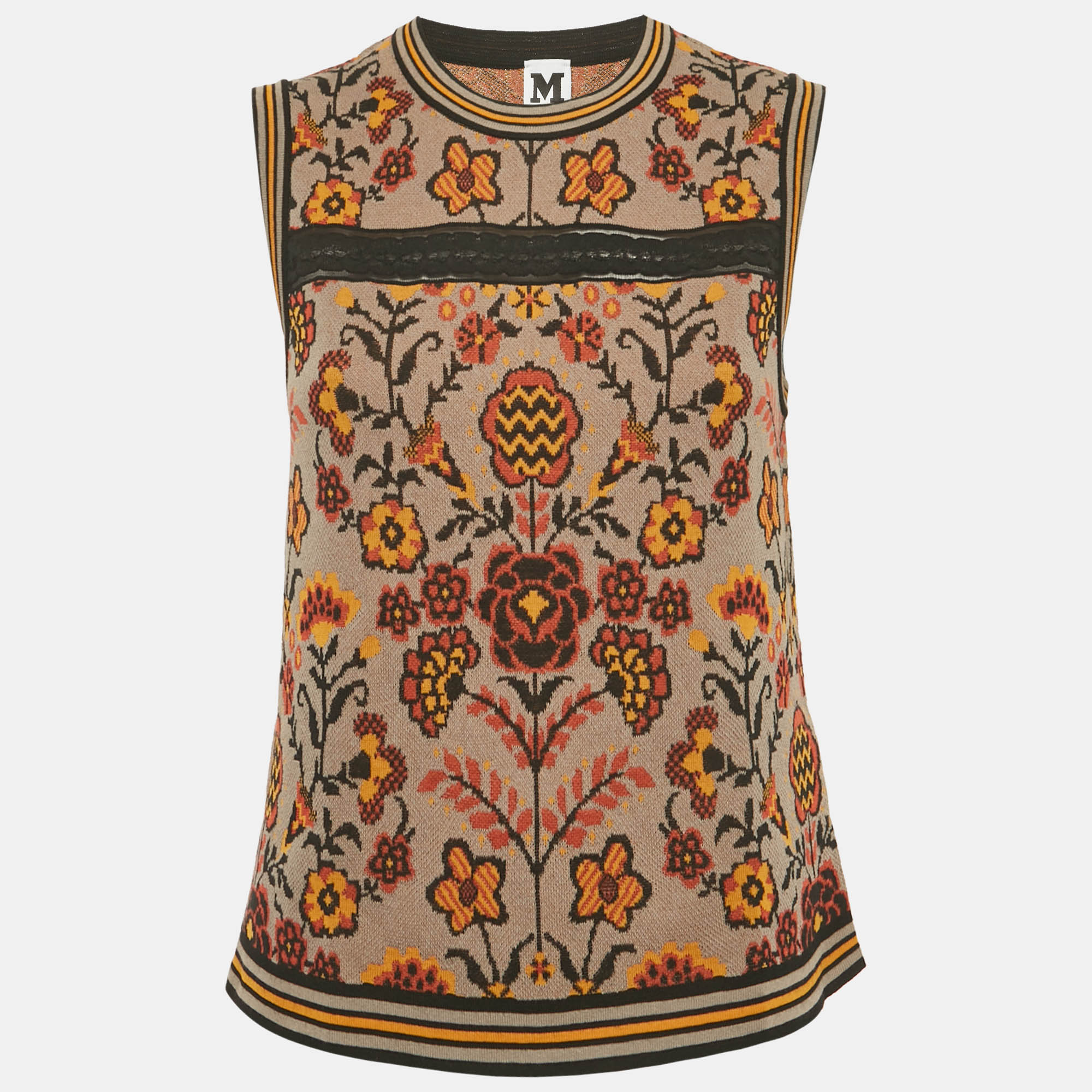 Pre-owned M Missoni Brown Floral Pattern Knit Sleeveless Top L