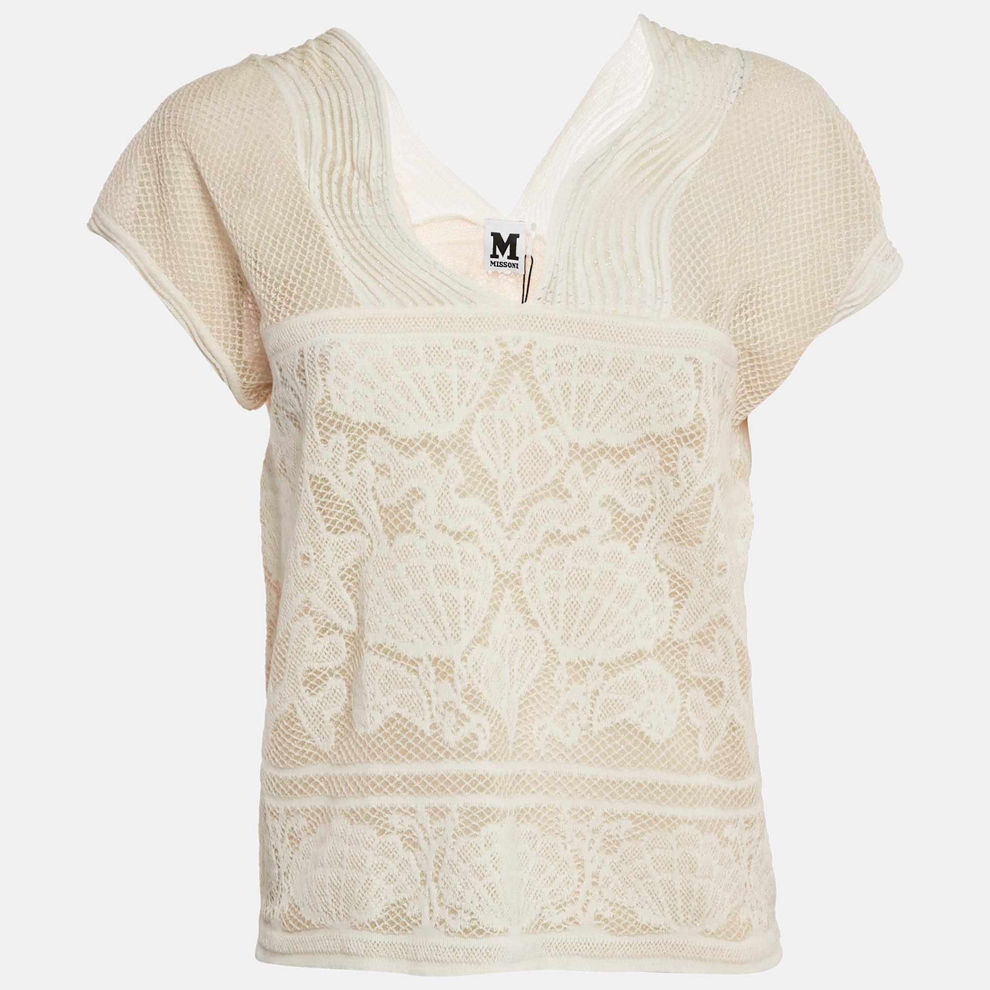 Pre-owned M Missoni White Seashell Pattern Lurex Knit V-neck Top M