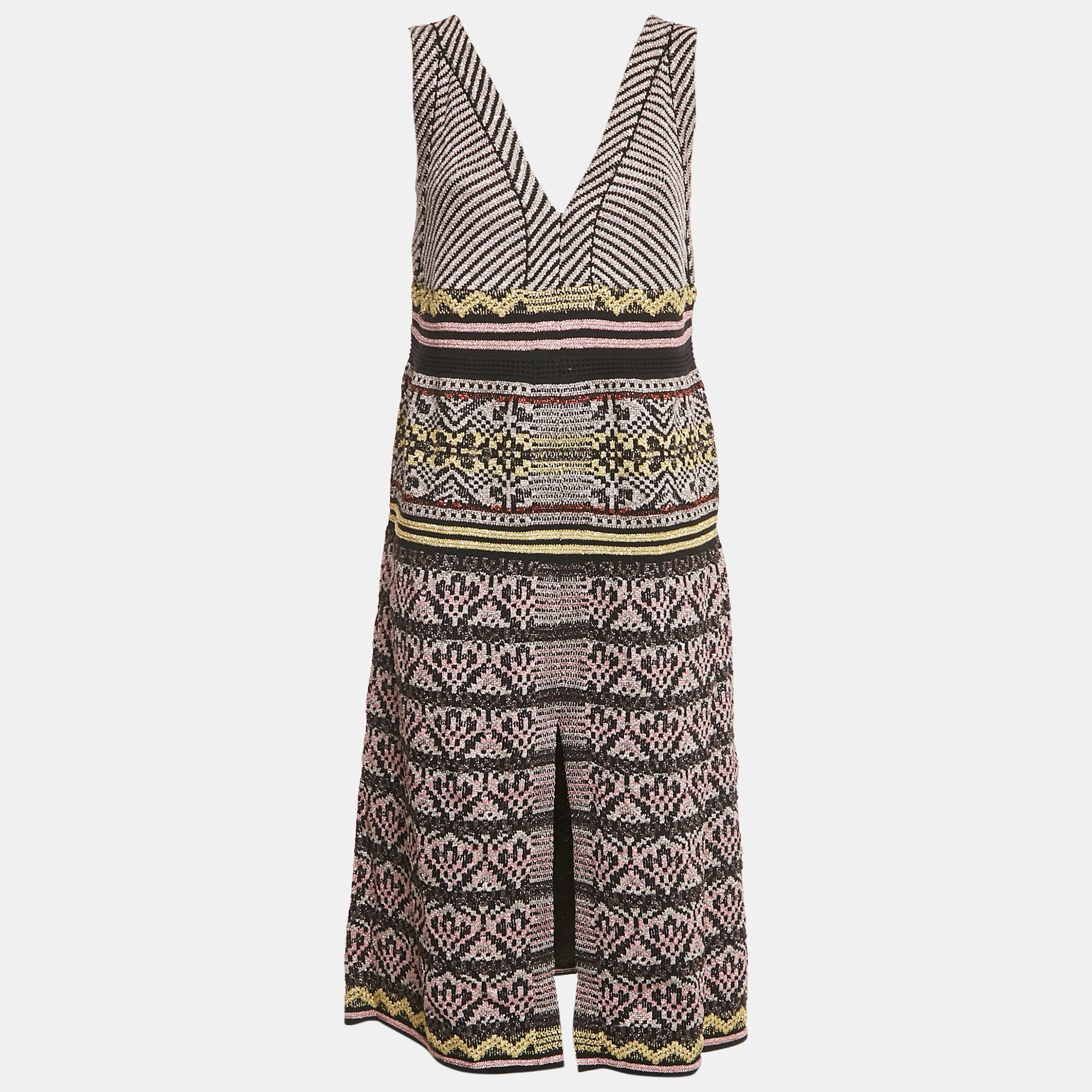 

M Missoni Black Patterned Lurex Knit V-Neck Midi Dress L