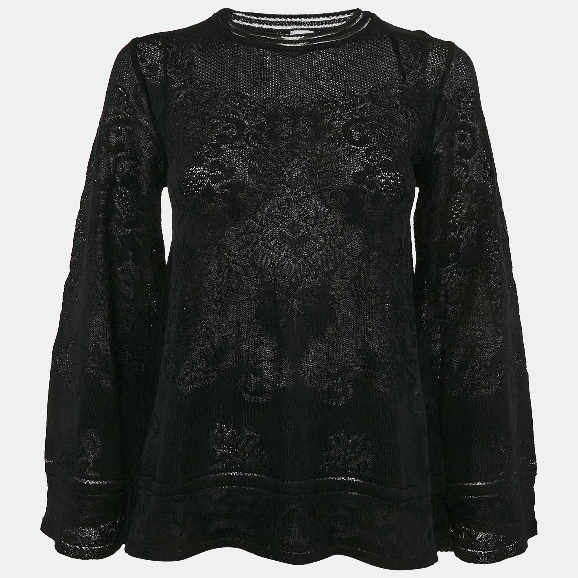 

M Missoni Black Floral Knit Flared Long Sleeve Top S