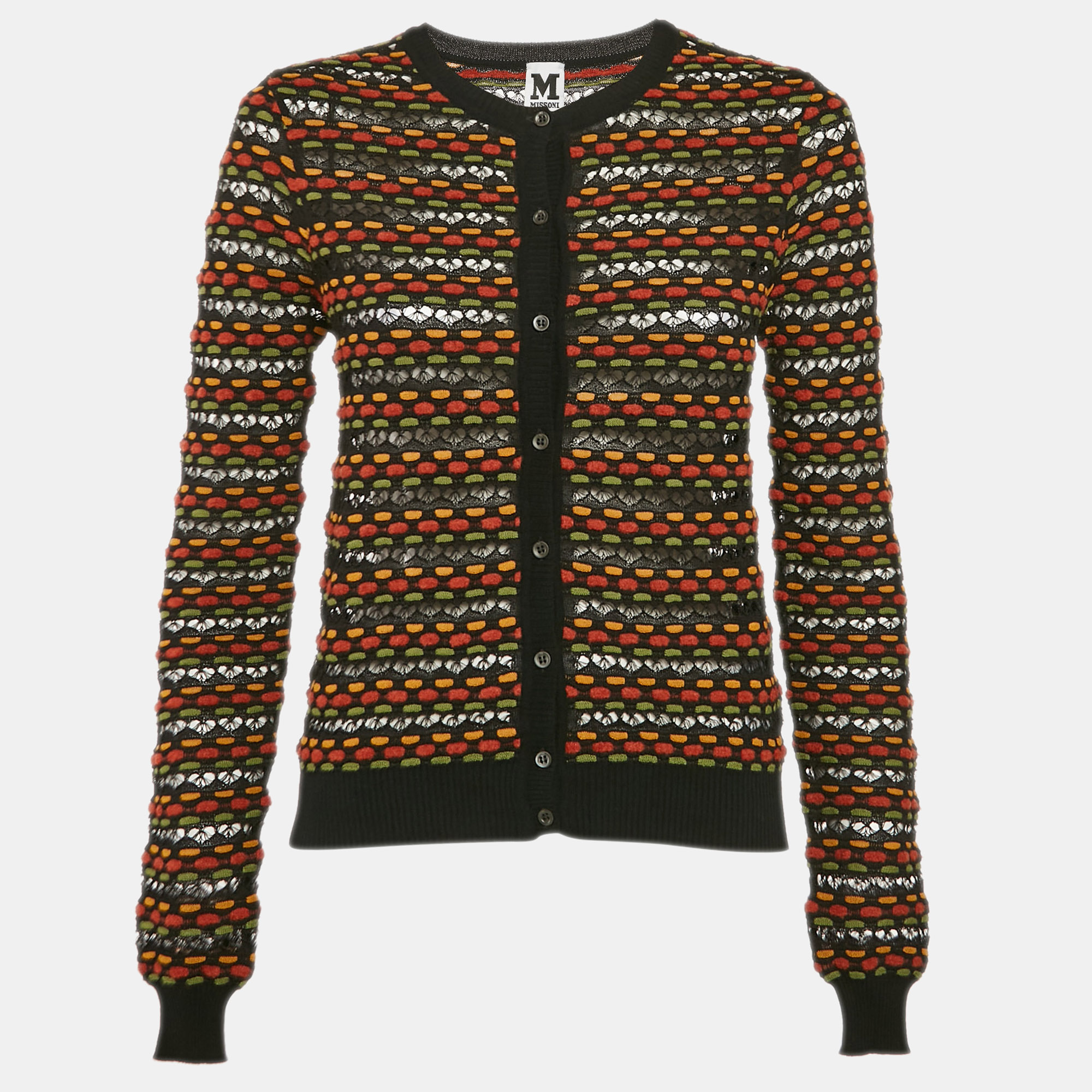 

M Missoni Black Pointelle Knit Button Front Cardigan M