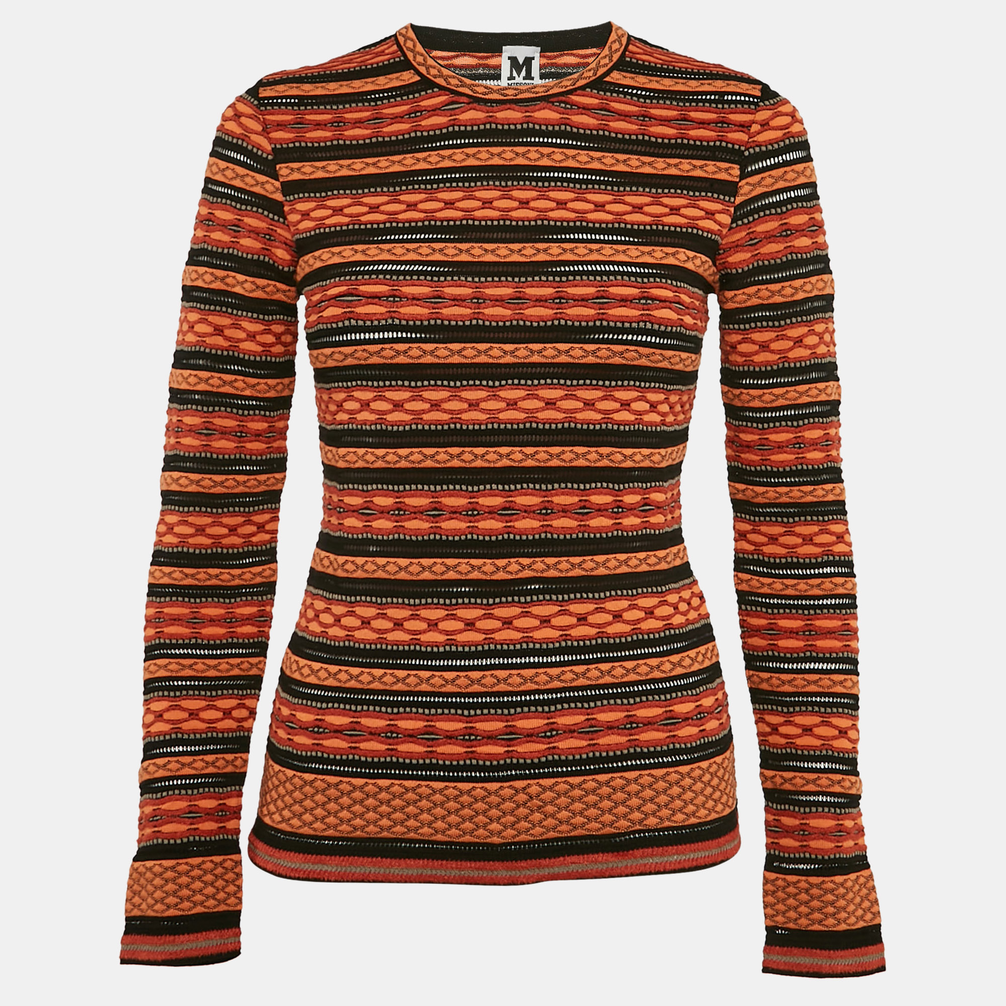 

M Missoni Orange/Black Patterned Knit Full Sleeve Top L