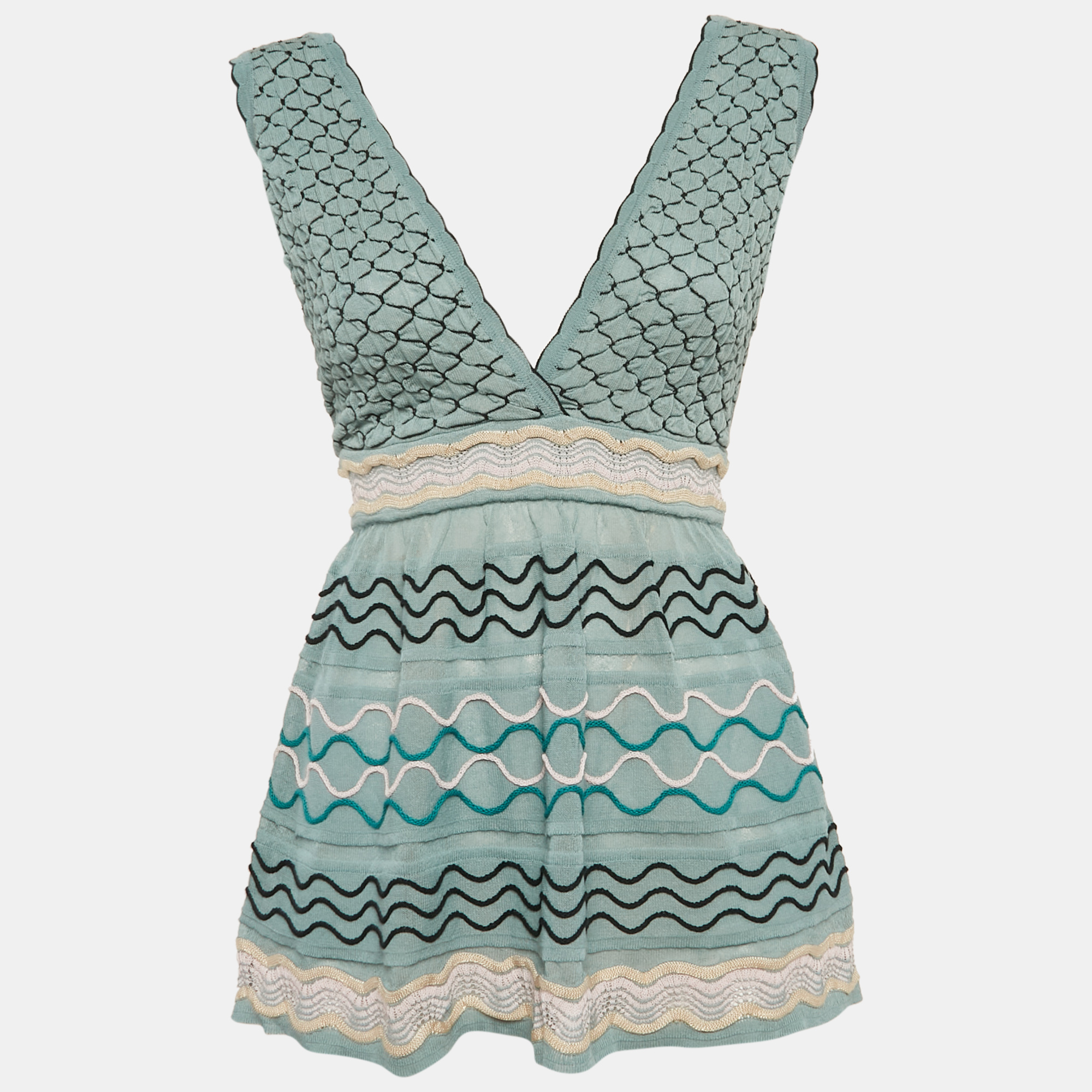 Pre-owned M Missoni Blue Patterned Knit V-neck Flared Top L